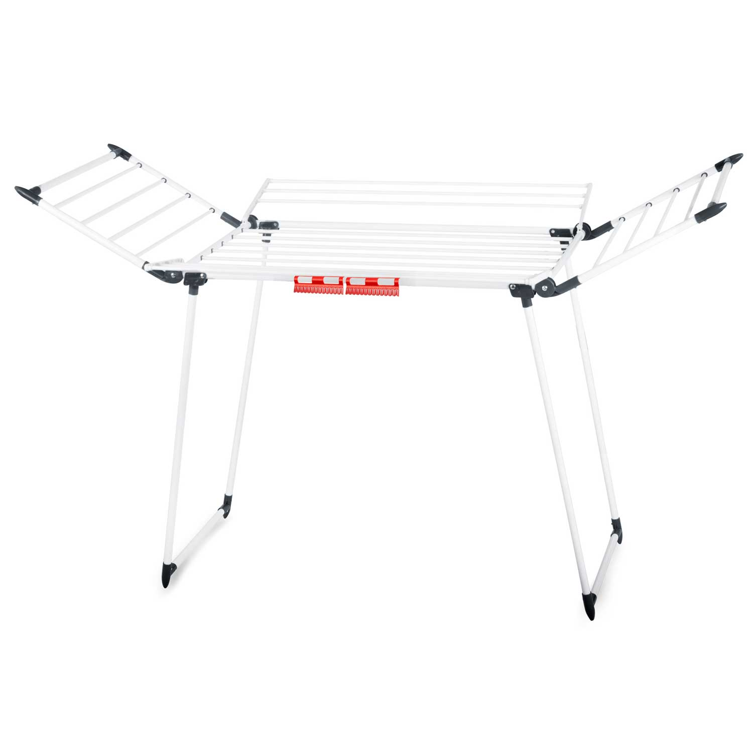 Biała, składana suszarka do ubrań jest otwarta. Ma rozkładane ramiona boczne i czerwono-białą sekcję z klipsami.