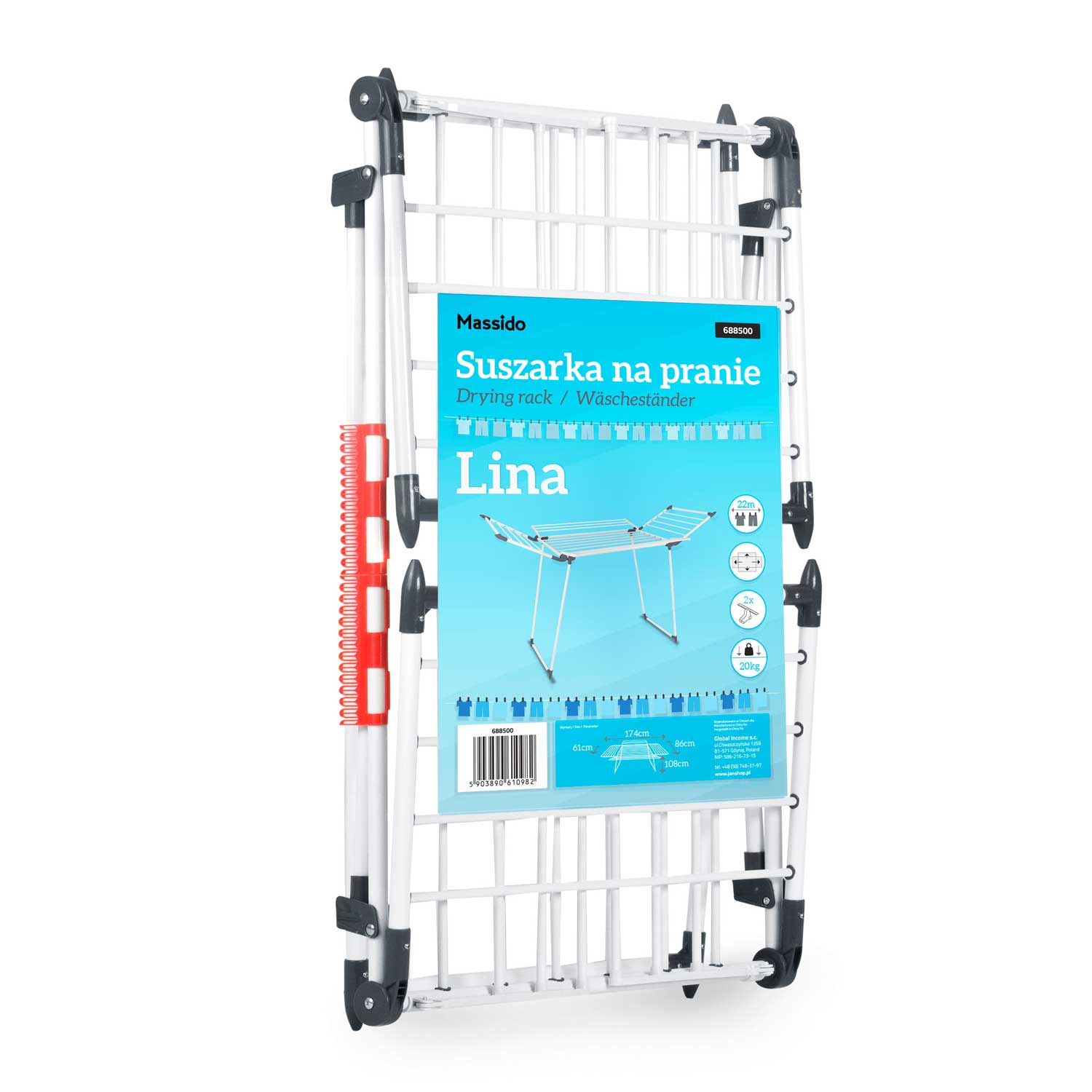 Biały metalowy stojak do suszenia z niebieską etykietą. Etykieta zawiera tekst w języku polskim i niemieckim. Pokazuje rysunek stojaka.