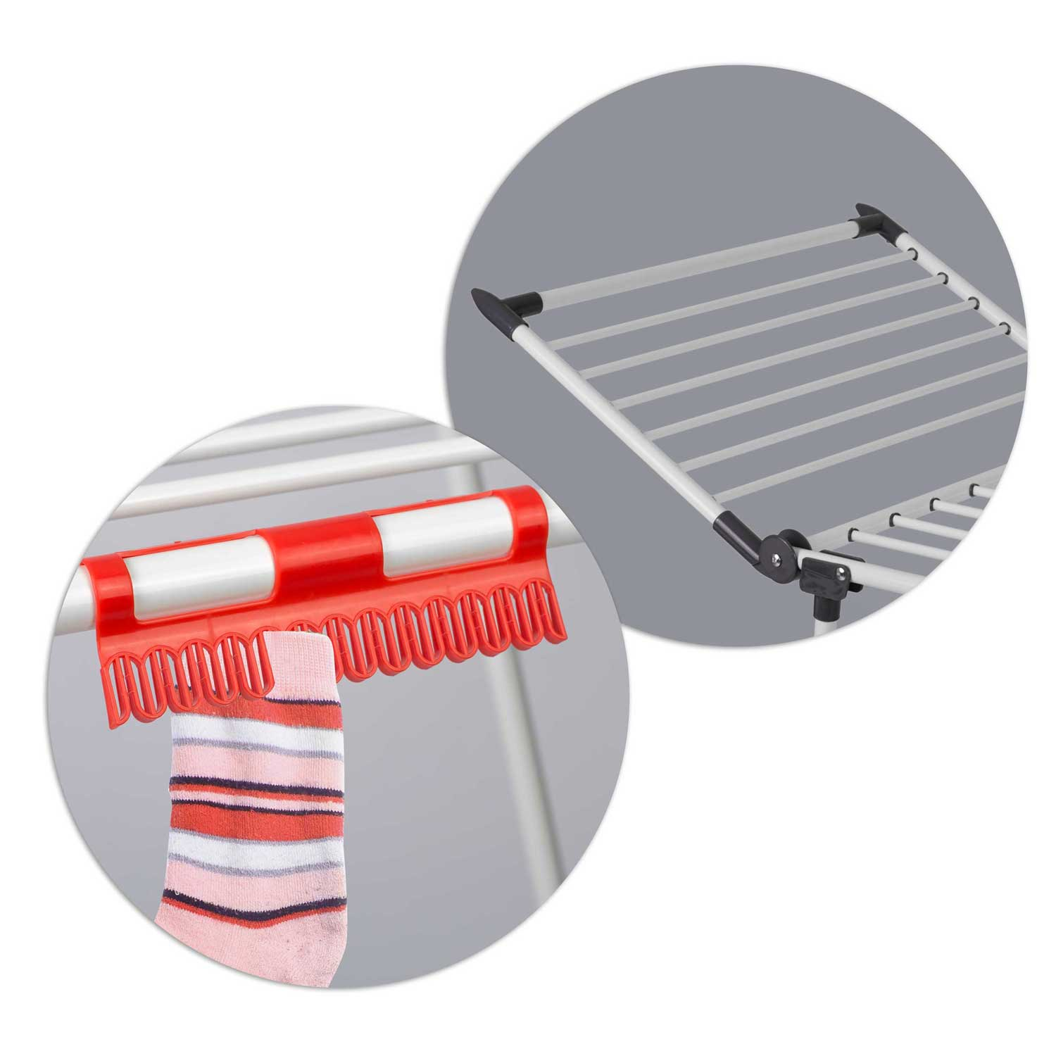Zbliżenie czerwono-białej suszarki z wiszącą na niej skarpetą w paski. Inny widok pokazuje ramę suszarki.