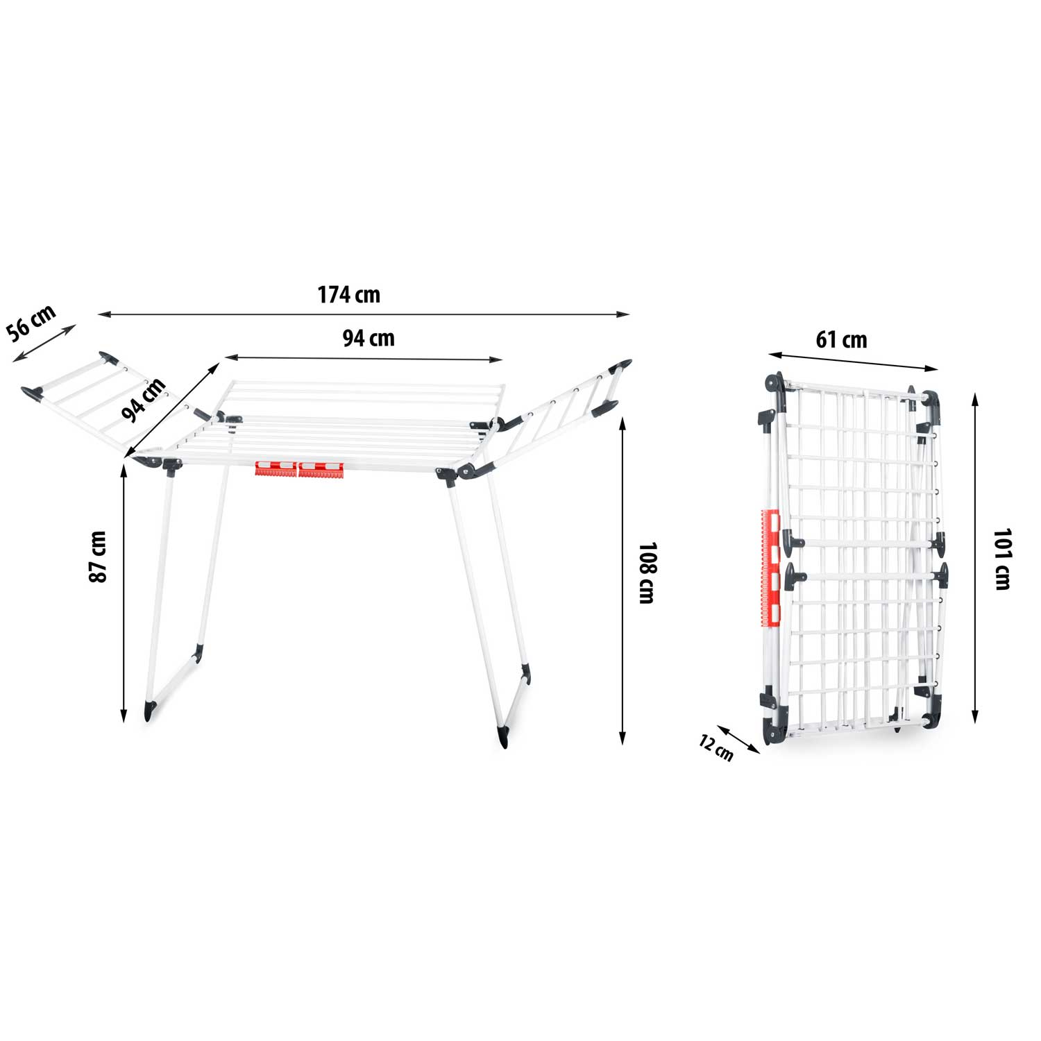Biały metalowy stojak na pranie, otwarty i złożony. Wymiary podano w centymetrach.