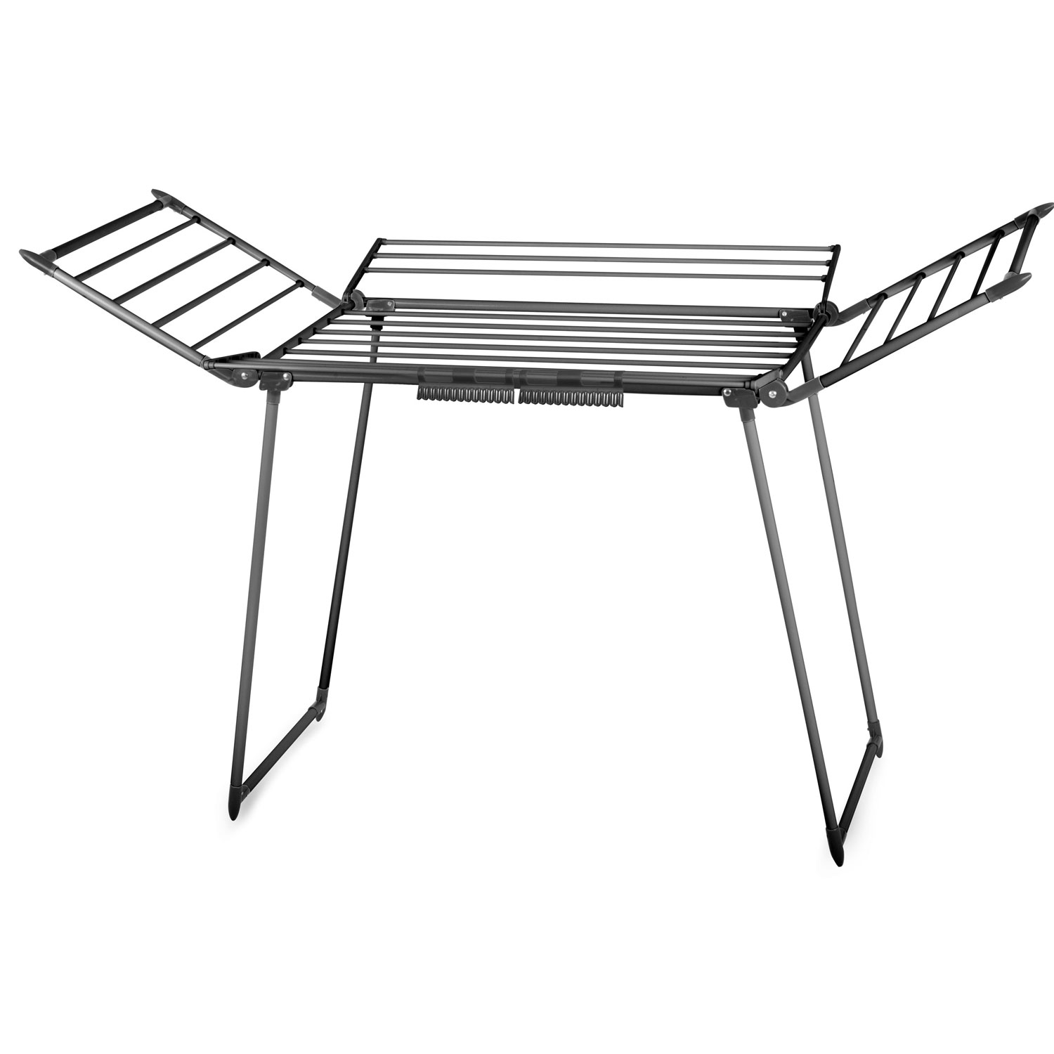 Szary, składany wieszak na pranie jest otwarty. Ma wiele prętów do wieszania ubrań i stoi na nogach. Tło jest białe.