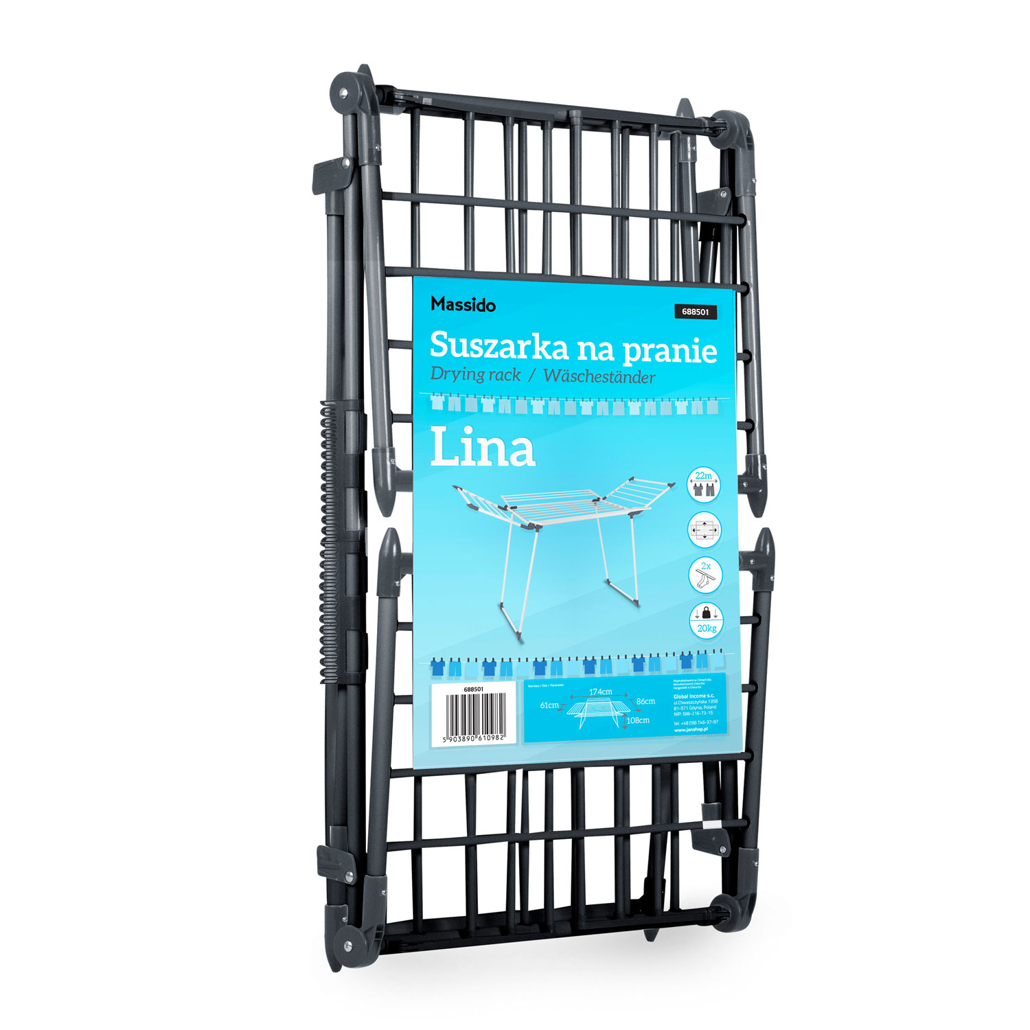 Czarny, składany suszarka do ubrań z etykietą produktu. Etykieta jest niebiesko-biała z tekstem i schematem suszarki.