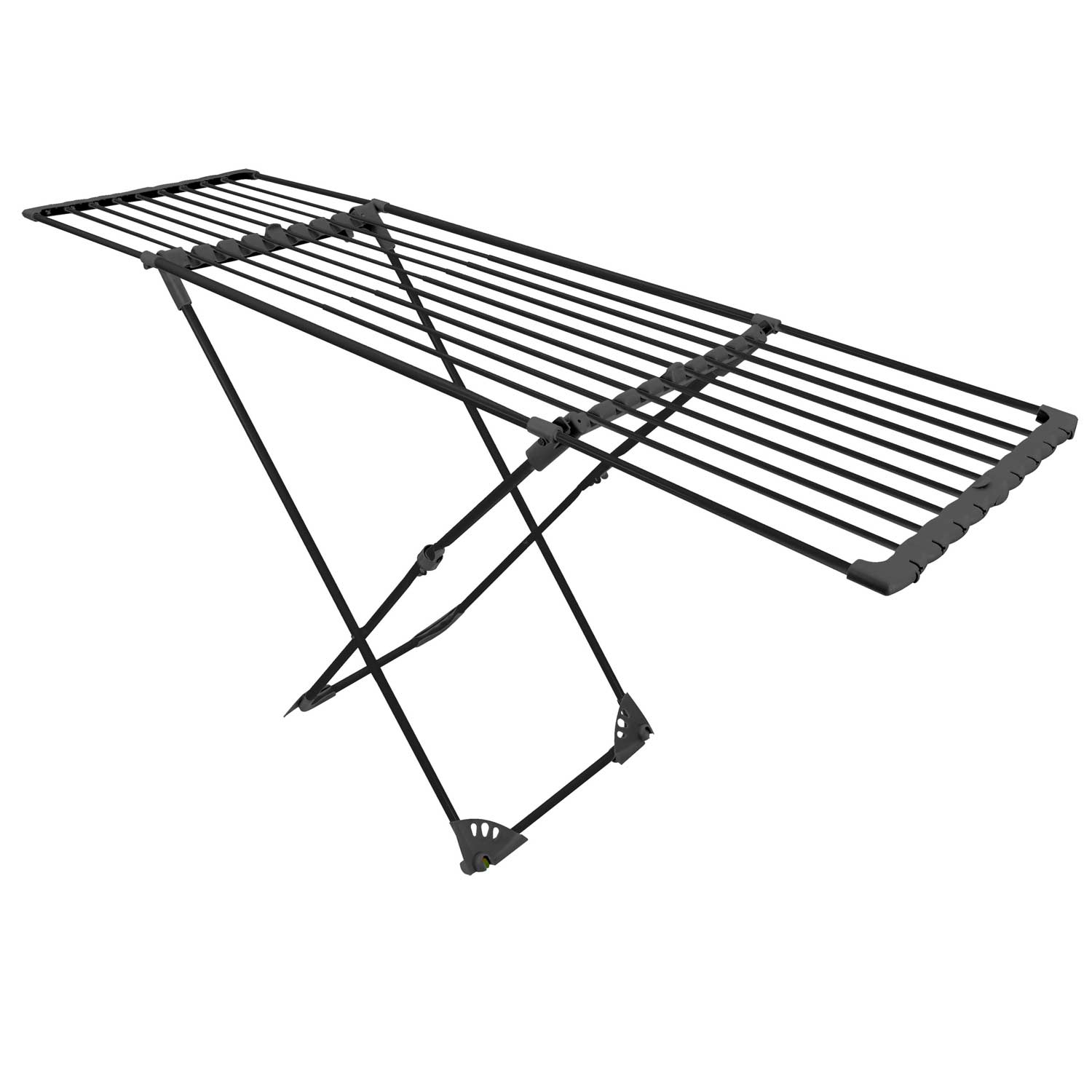 Czarny, składany stojak do suszenia. Ma wiele poziomych prętów do wieszania ubrań i konstrukcję nośną z nóg.