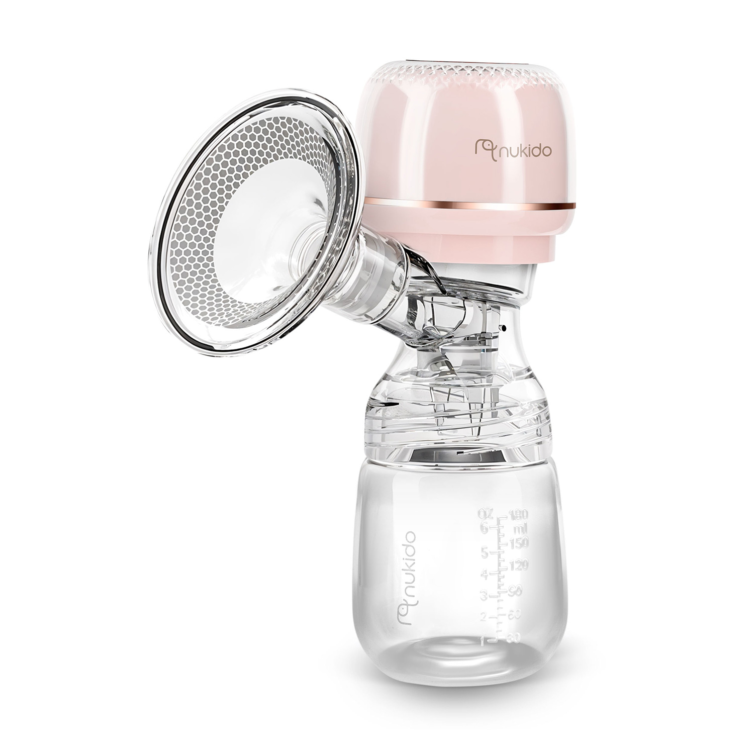 Różowa i przezroczysta laktator. Pompka ma butelkę i lejek. Nazwa marki "nukido" jest widoczna na pompie.