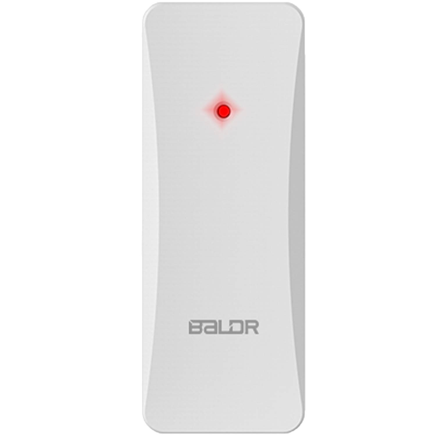 Białe prostokątne urządzenie z czerwonym światłem na górze. Słowo 'BALDR' jest wydrukowane na dole.