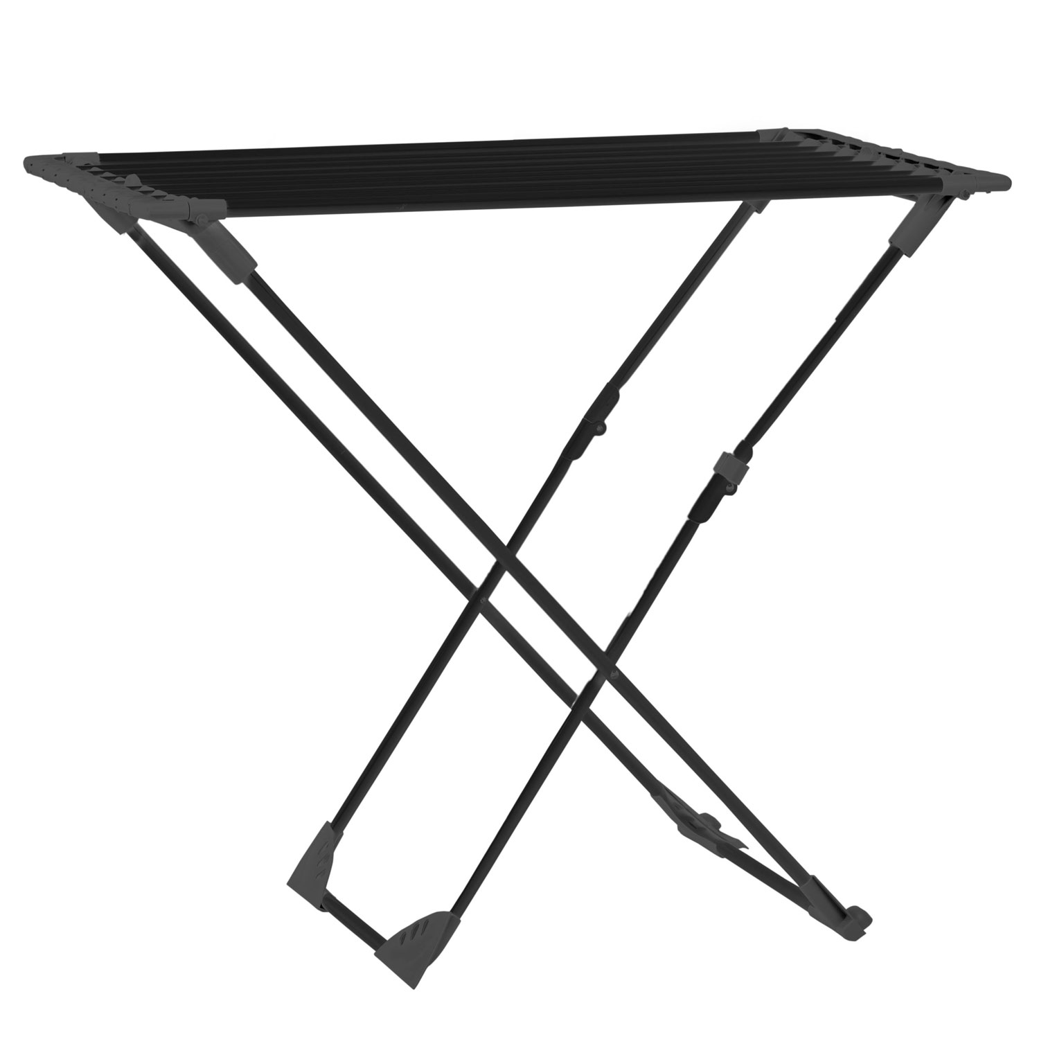 Czarny, składany wieszak na pranie. Ma prostokątny wierzch z wieloma prętami i skrzyżowanymi nogami.