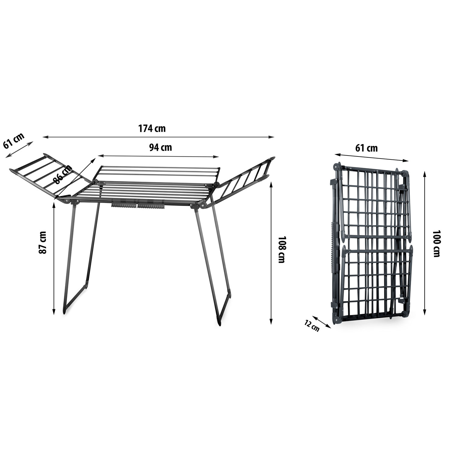 Składany czarny stojak na pranie, z podanymi wymiarami. Pokazany jest w stanie otwartym i złożonym, co wskazuje na jego oszczędną konstrukcję.