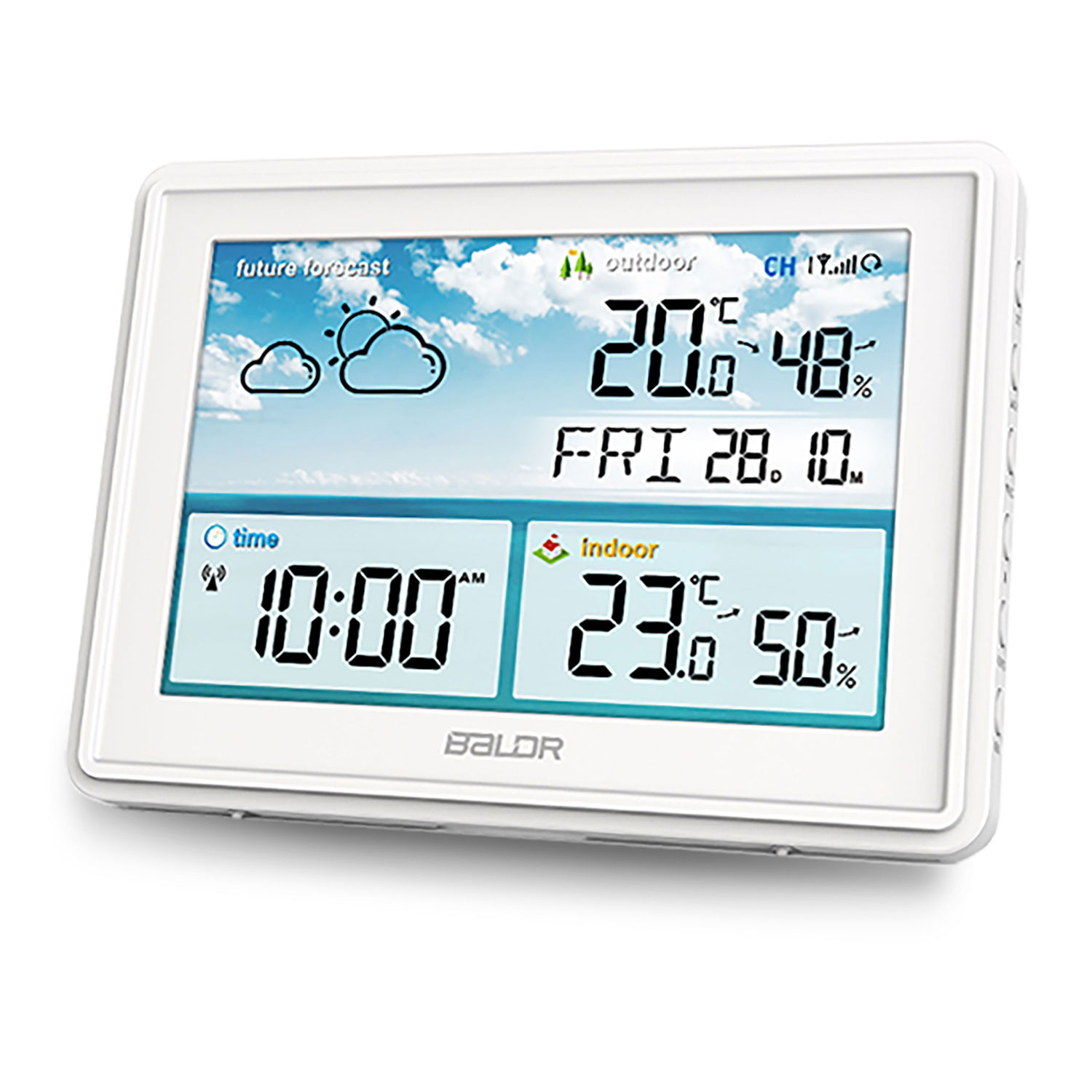 Biała stacja pogodowa wyświetla temperaturę zewnętrzną/wewnętrzną, wilgotność, czas, prognozę pogody z chmurami i słońcem.
