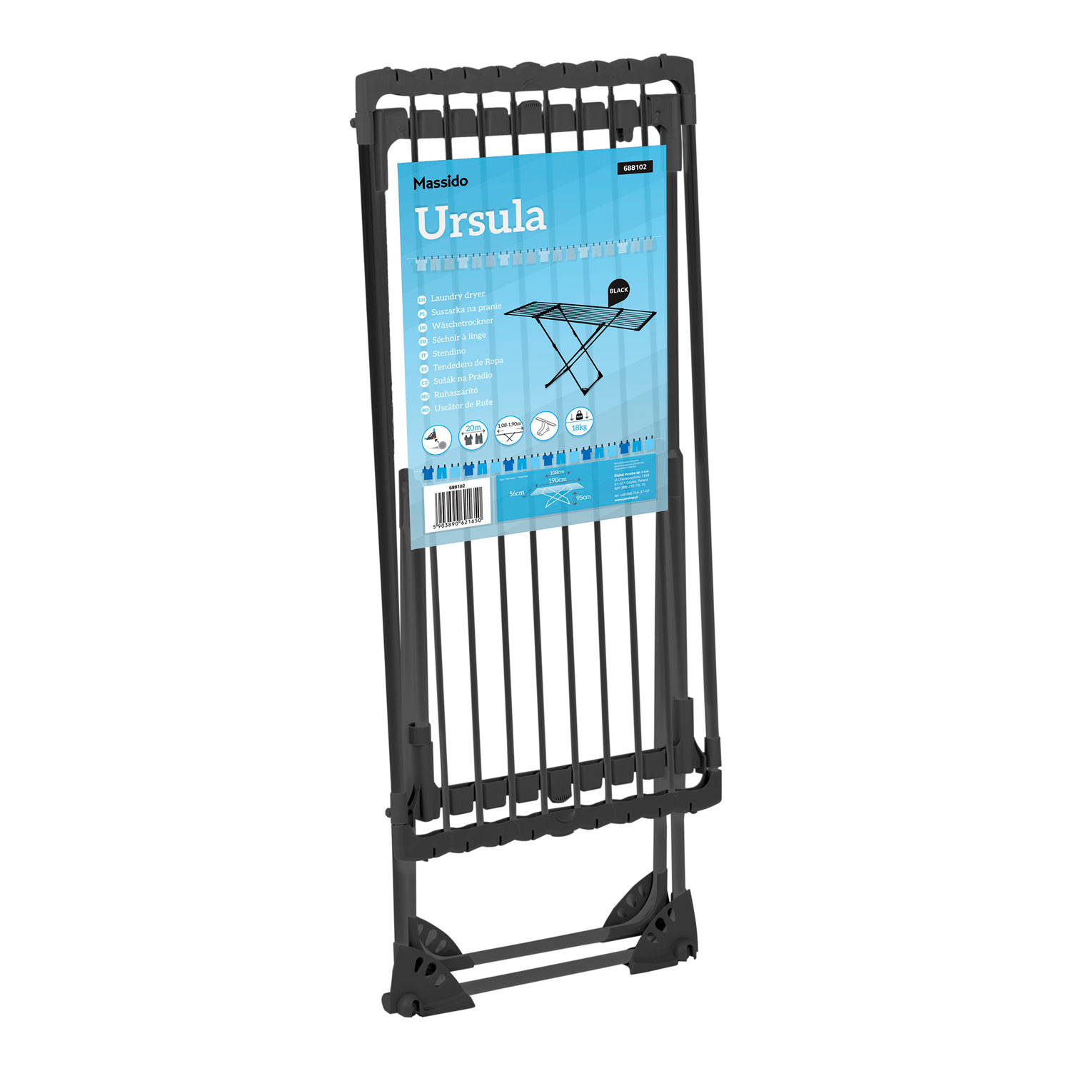 Wyświetlany jest czarny suszarka na pranie Massido Ursula z kartą informacyjną o produkcie. Suszarka jest częściowo złożona.