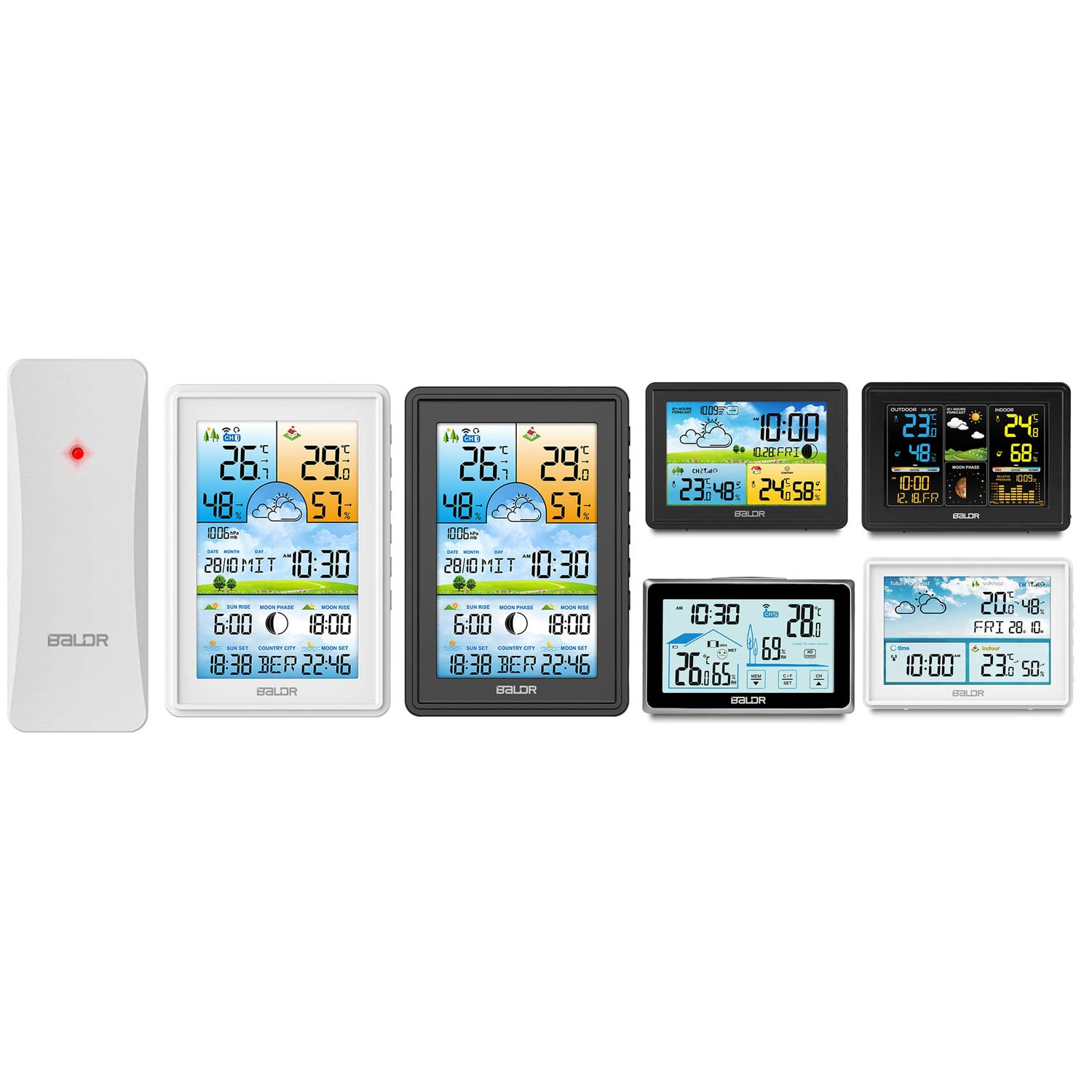 Kilka cyfrowych stacji pogodowych wyświetlających temperaturę, wilgotność i czas, z białym pilotem po lewej stronie.