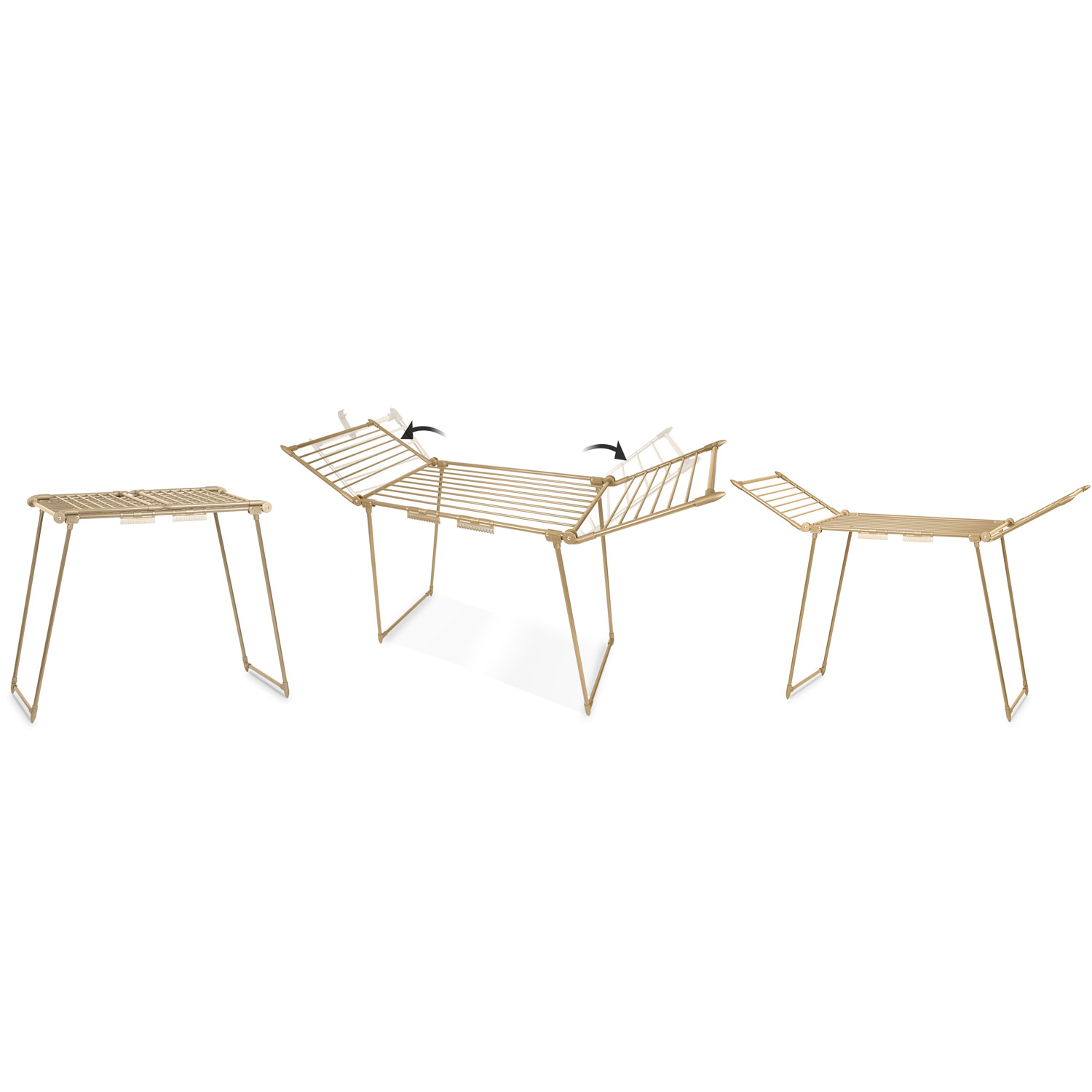 Trzy złote suszarki do ubrań w różnych pozycjach na białym tle. Strzałki pokazują, jak rozkładają się suszarki.