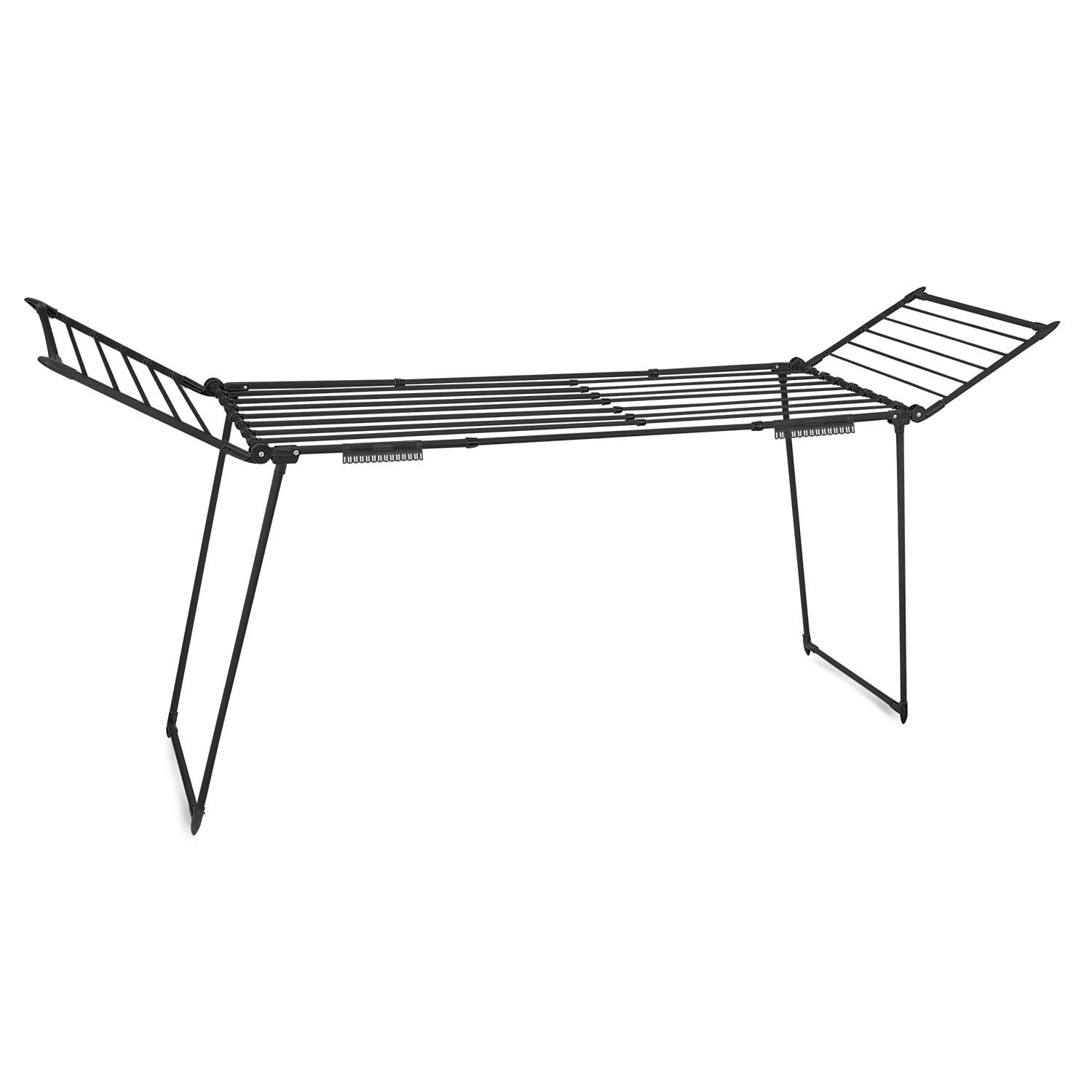 Czarny, składany stojak na pranie jest wyświetlany na białym tle. Stojak jest w pełni rozłożony, gotowy do użycia.
