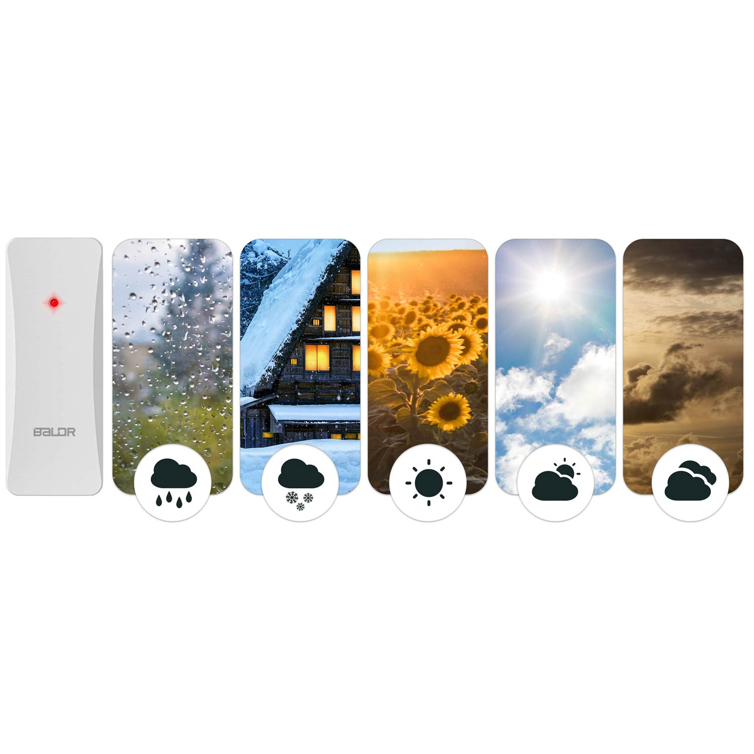 Stacja pogodowa z czerwonym światłem, ikonami deszczu, śniegu, słoneczników, słonecznego nieba i pochmurnej pogody.