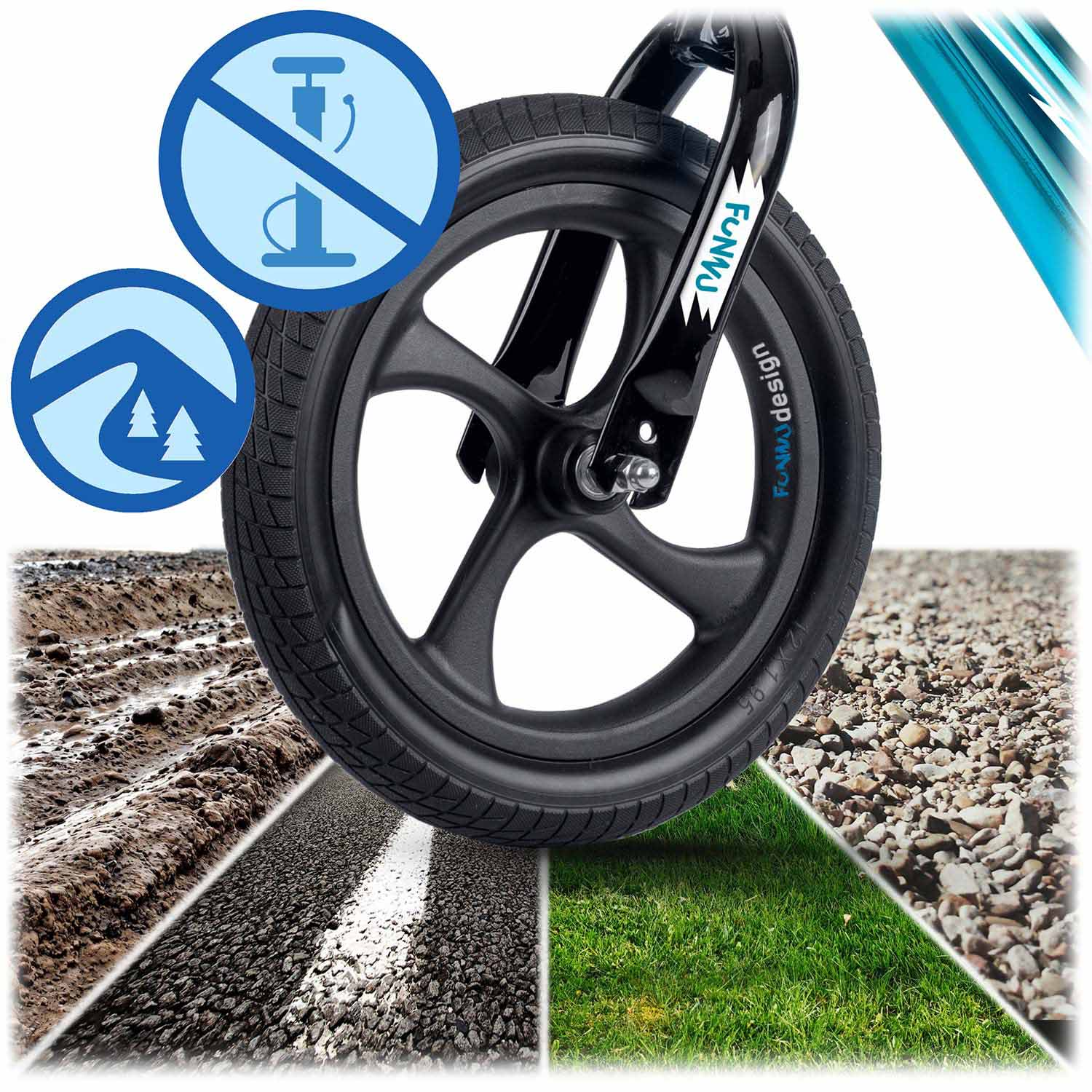 Czarny koło rowerowe z oponą, z napisem "Funnu Design" na widelcu. Koło znajduje się na różnych powierzchniach, takich jak trawa i asfalt.