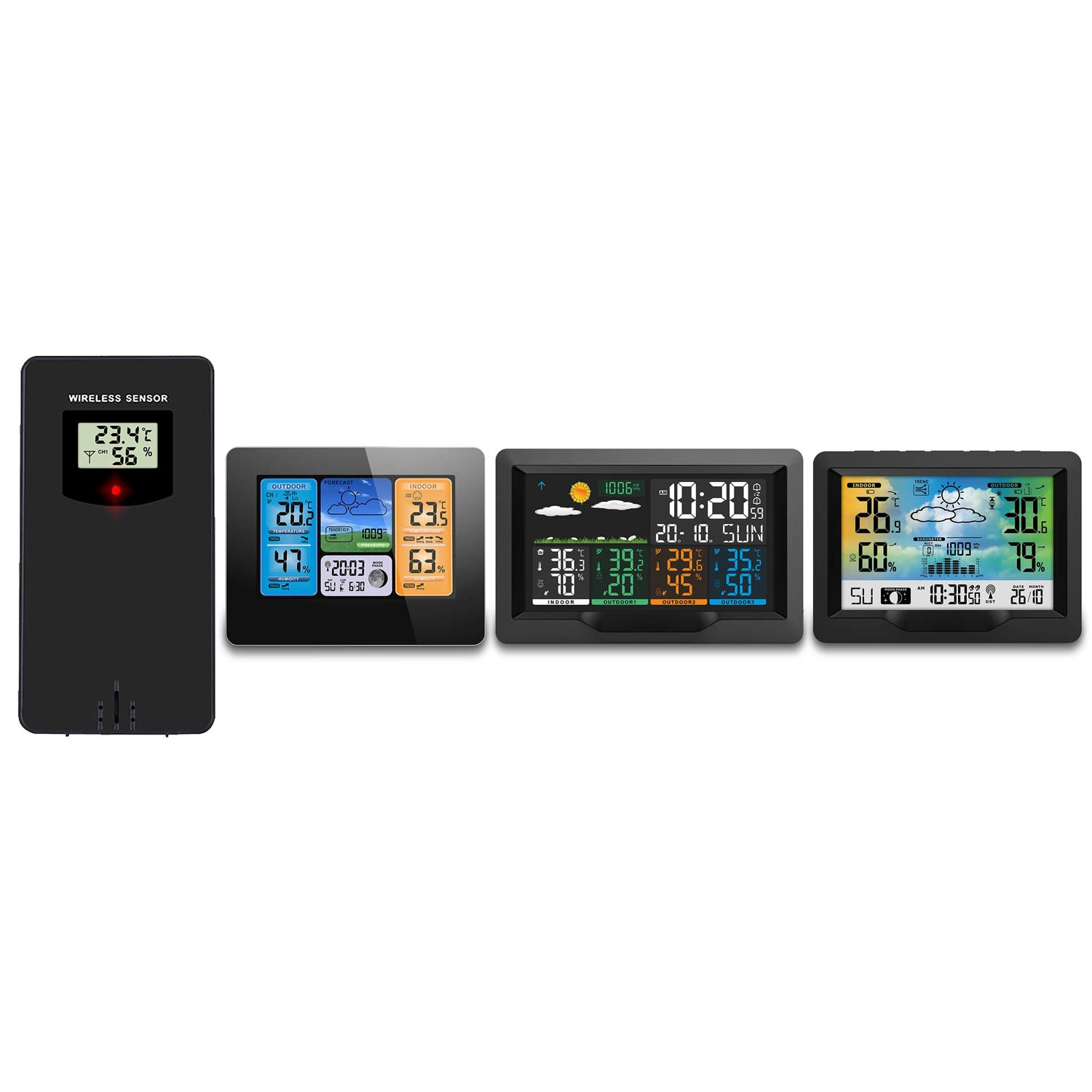 Zestaw stacji pogodowej z czujnikiem bezprzewodowym i trzema wyświetlaczami pokazującymi temperaturę, wilgotność i informacje o czasie.