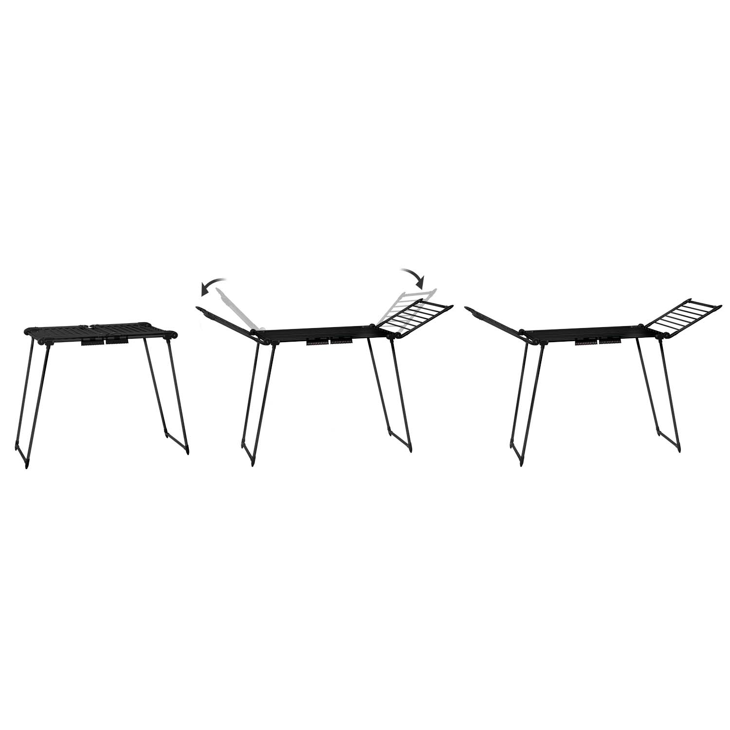 Trzy czarne suszarki do ubrań w różnych stadiach rozkładania. Strzałki pokazują proces otwierania, z białym tłem.