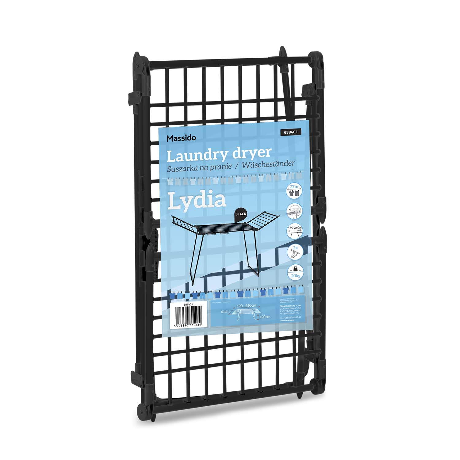 Czarny suszarka do ubrań, złożony i oznakowany. Etykieta mówi 'Lydia'. Informacje obejmują wymiary i pojemność.