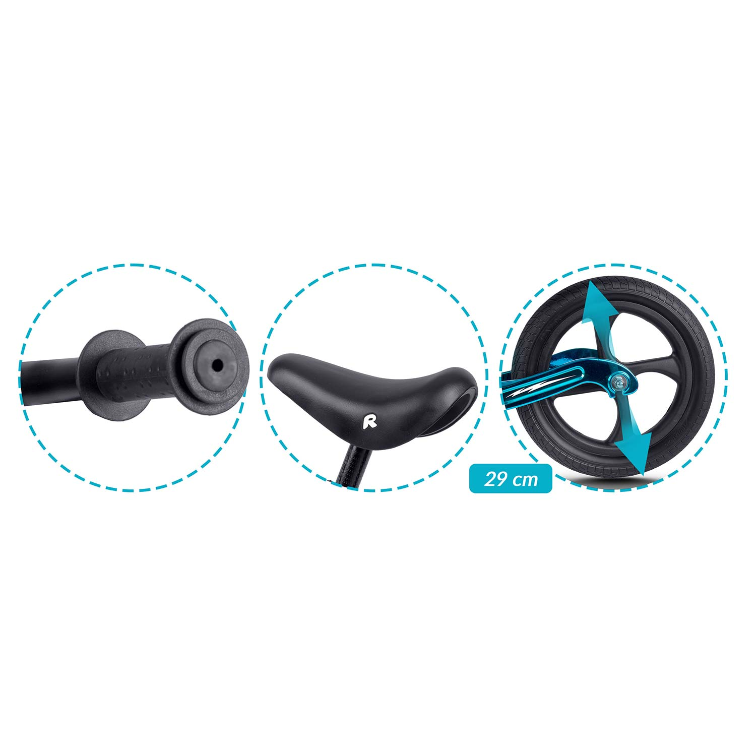 Obraz przedstawia części roweru biegowego: kierownicę, czarne siodełko z 'R' i koło, z pomiarem 29 cm.