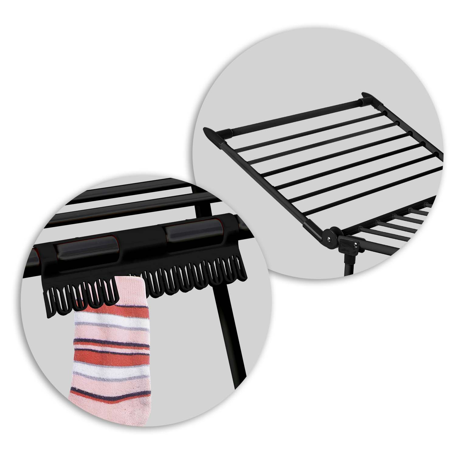 Czarny stojak do suszenia z wiszącą skarpetą. Stojak jest w dwóch okręgach. Skarpetka jest różowa z czerwonymi i białymi paskami.