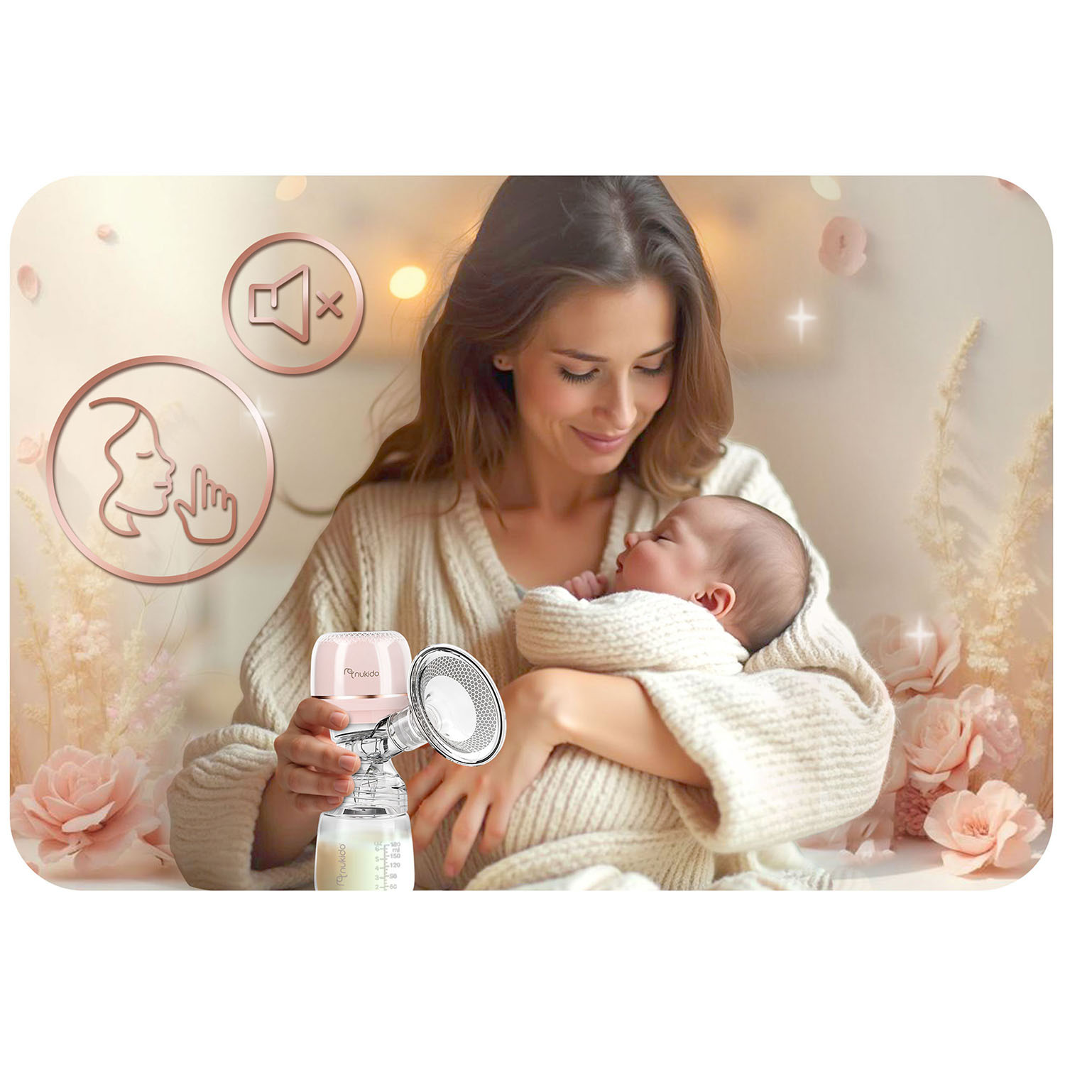 Kobieta trzyma dziecko i laktator. Miękkie kolory i kwiaty. Symbol ciszy w tle.