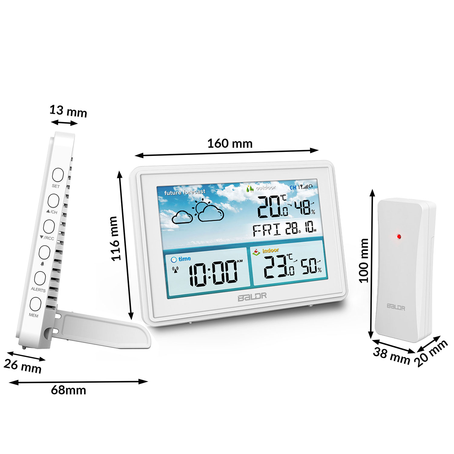 Biała stacja pogodowa z wyświetlaczem pokazującym czas, temperaturę i prognozę. Posiada oddzielny czujnik. Wymiary są oznaczone.
