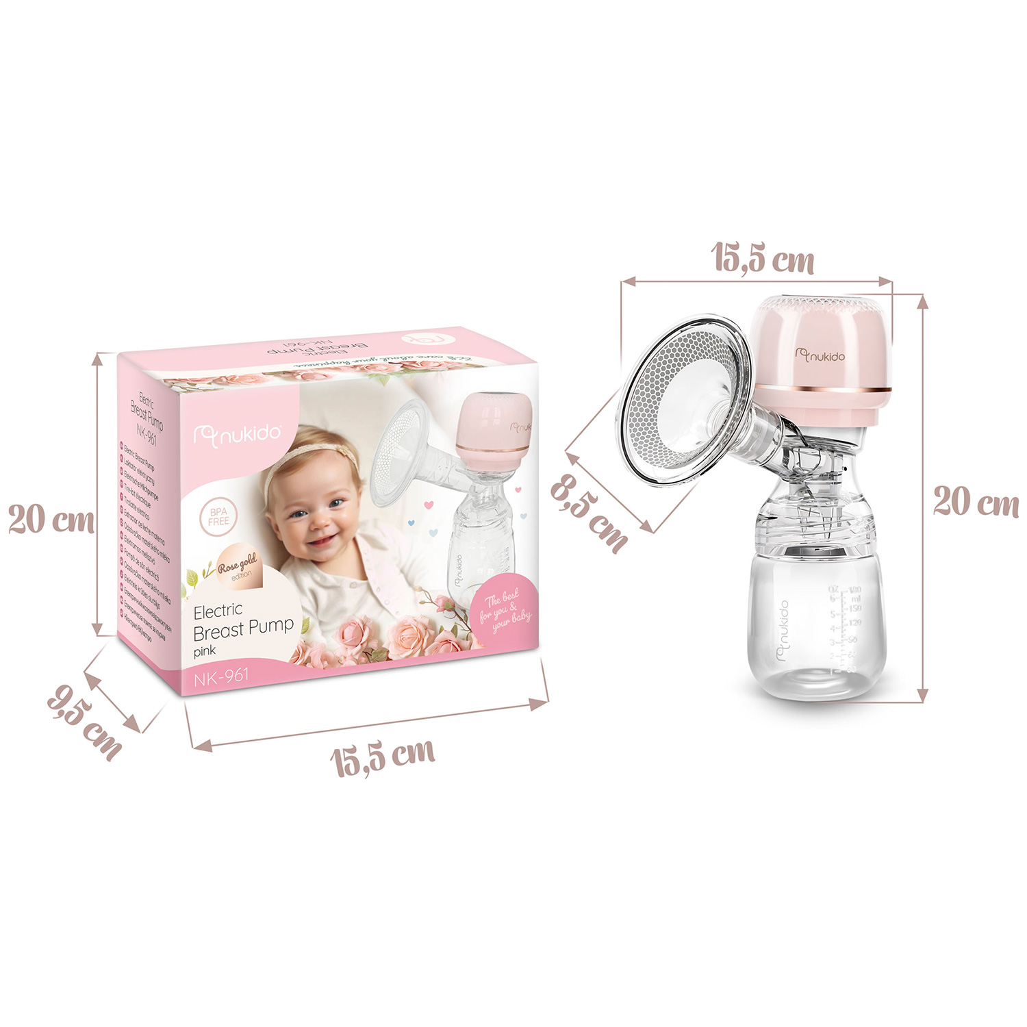 Różowa elektryczna pompa do piersi z pudełkiem, ze zdjęciem dziecka. Podano wymiary. Marka to Nukido.