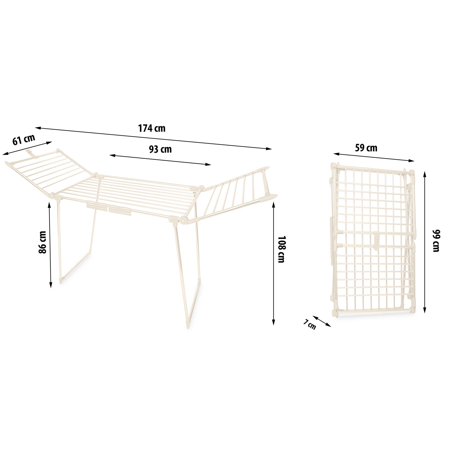 Biała suszarka do ubrań i złożona są wyświetlane z wymiarami. Suszarka jest otwarta, a złożona pionowa.