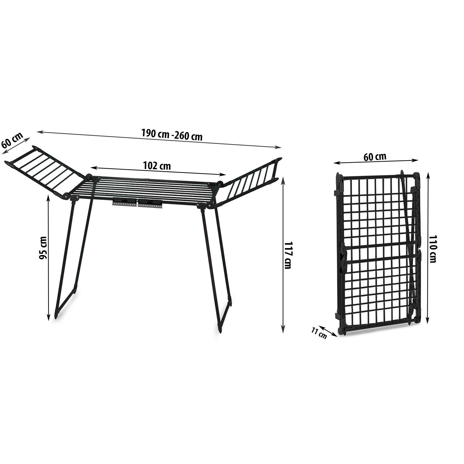 Czarny metalowy stojak do suszenia ubrań z wymiarami. Oddzielny złożony stojak pokazuje wymiary. Wymiary podano w cm.
