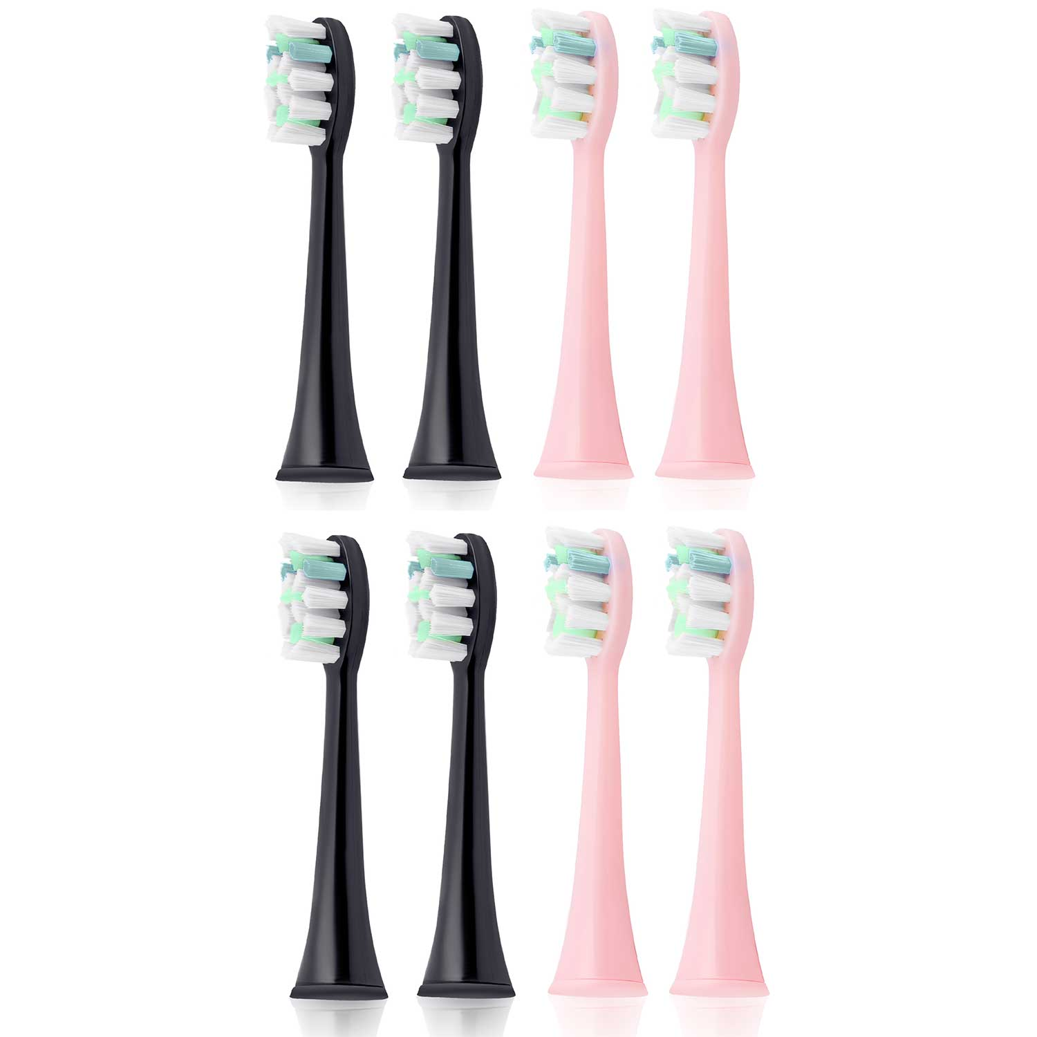 Osiem głowic szczoteczek do zębów. Cztery są czarne, cztery różowe. Włosie jest białe z odcieniami niebieskiego i zielonego.