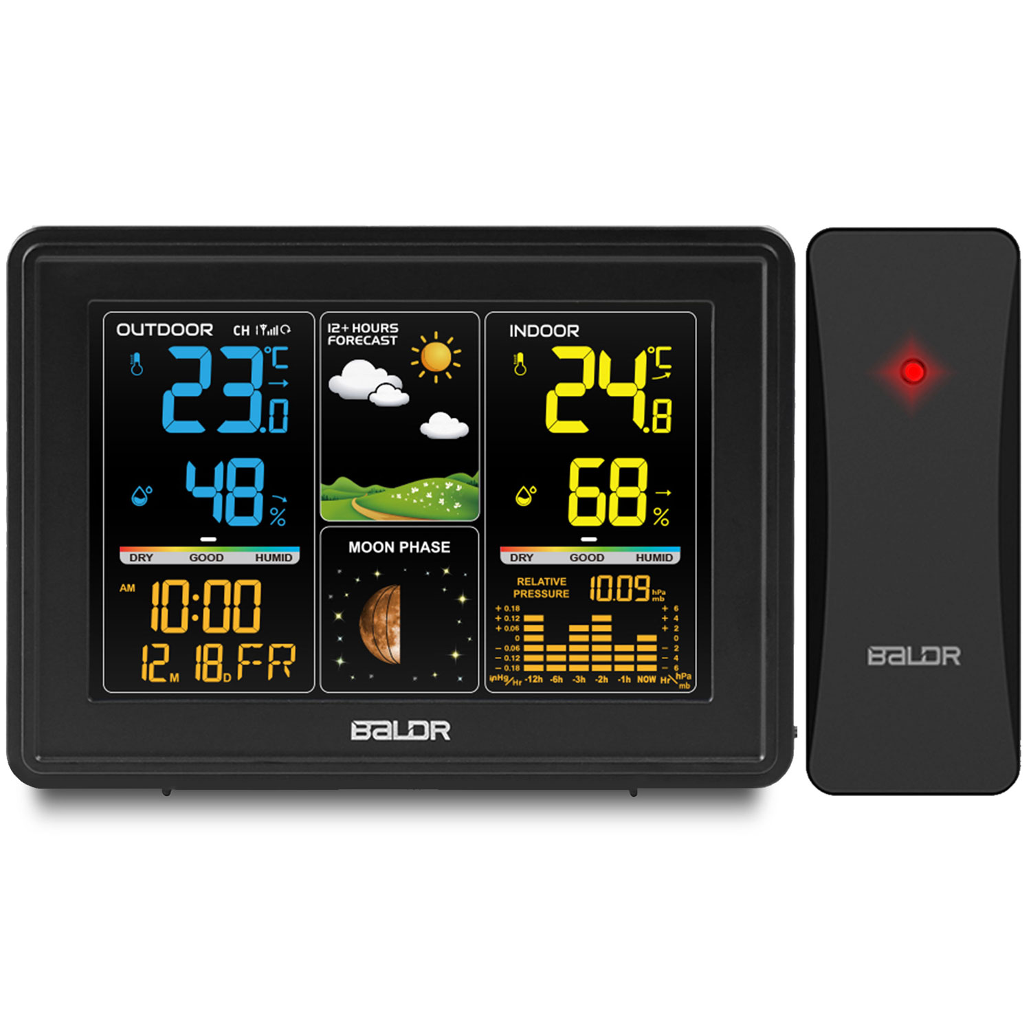 Czarna stacja pogodowa wyświetlająca temperaturę zewnętrzną i wewnętrzną, wilgotność, fazę księżyca i czas. Osobny czujnik po prawej.