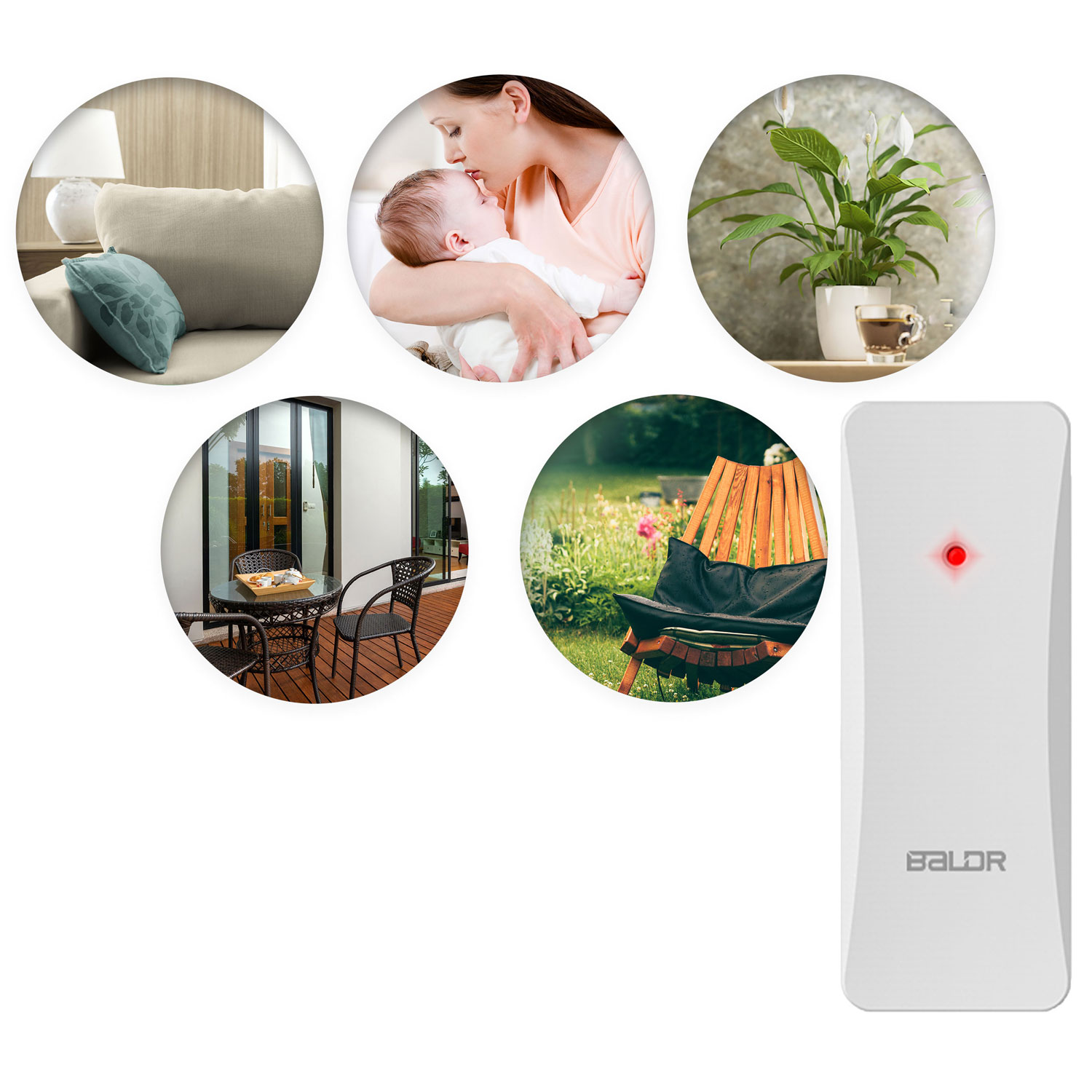 Obraz pokazuje pięć okrągłych scen: salon, matka całująca dziecko, roślina, zestaw na patio i krzesło w ogrodzie. Białe urządzenie.