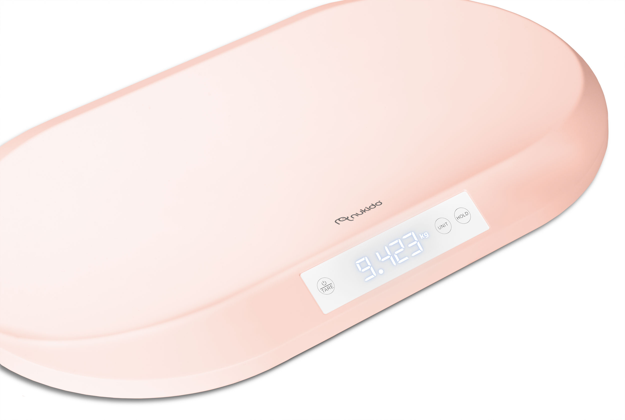 Różowa waga dla dziecka z cyfrowym wyświetlaczem 9,423 kg. Posiada przyciski TARE, UNIT i HOLD.