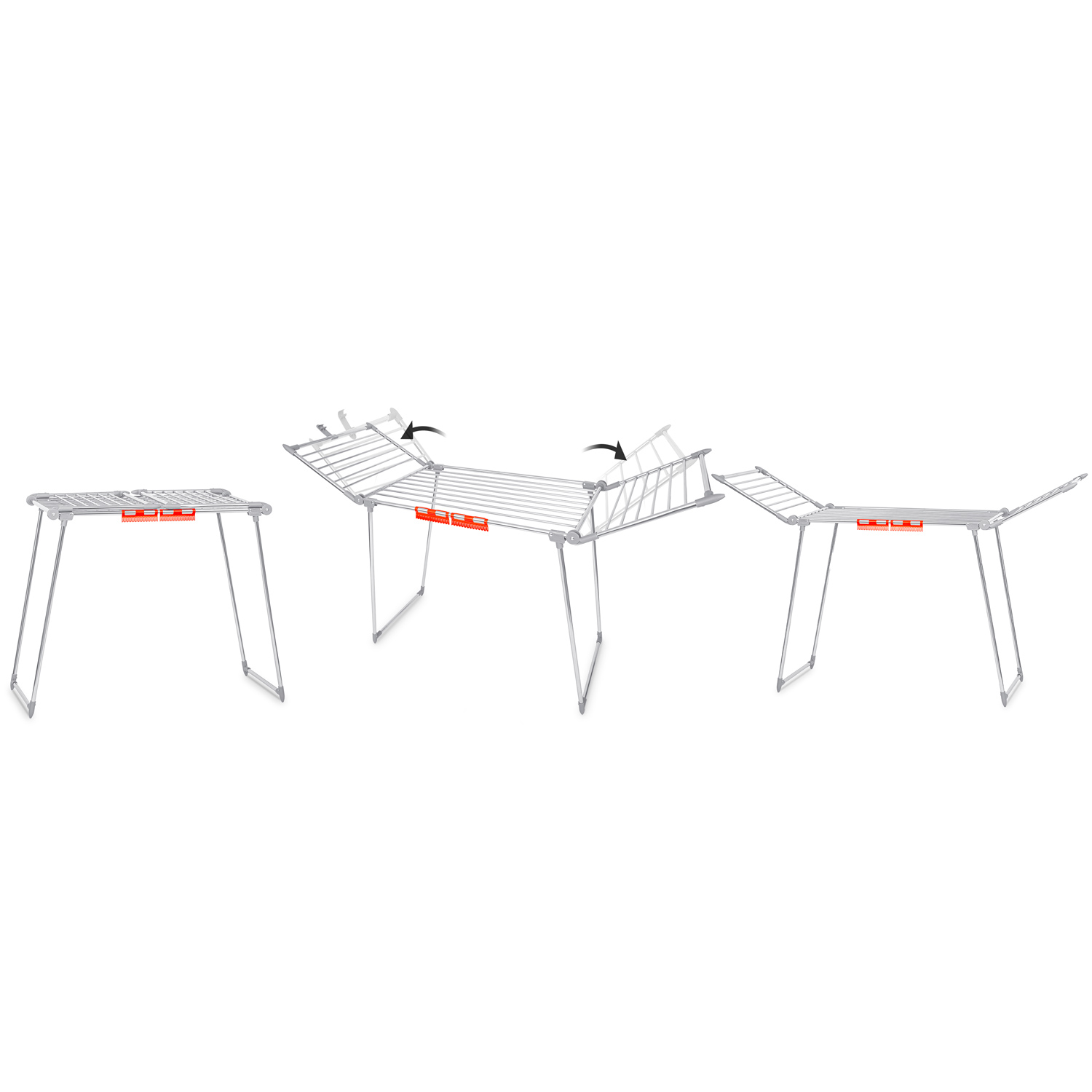 Trzy etapy składanego suszarki do ubrań. Każdy etap pokazuje rozkładanie się suszarki, z pomarańczowymi akcentami.