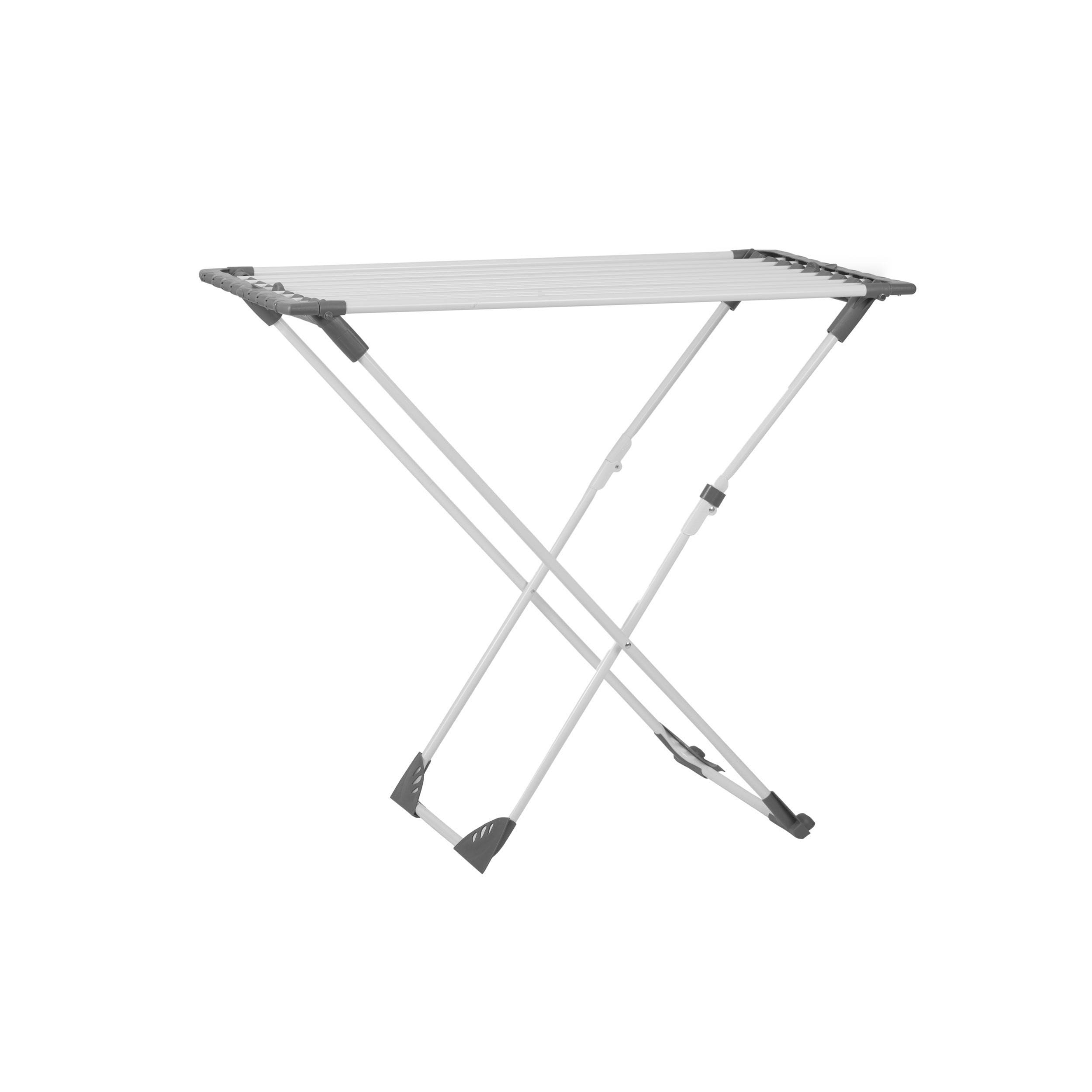 Biała, składana suszarka do ubrań z szarymi plastikowymi elementami. Stoi na białym tle.