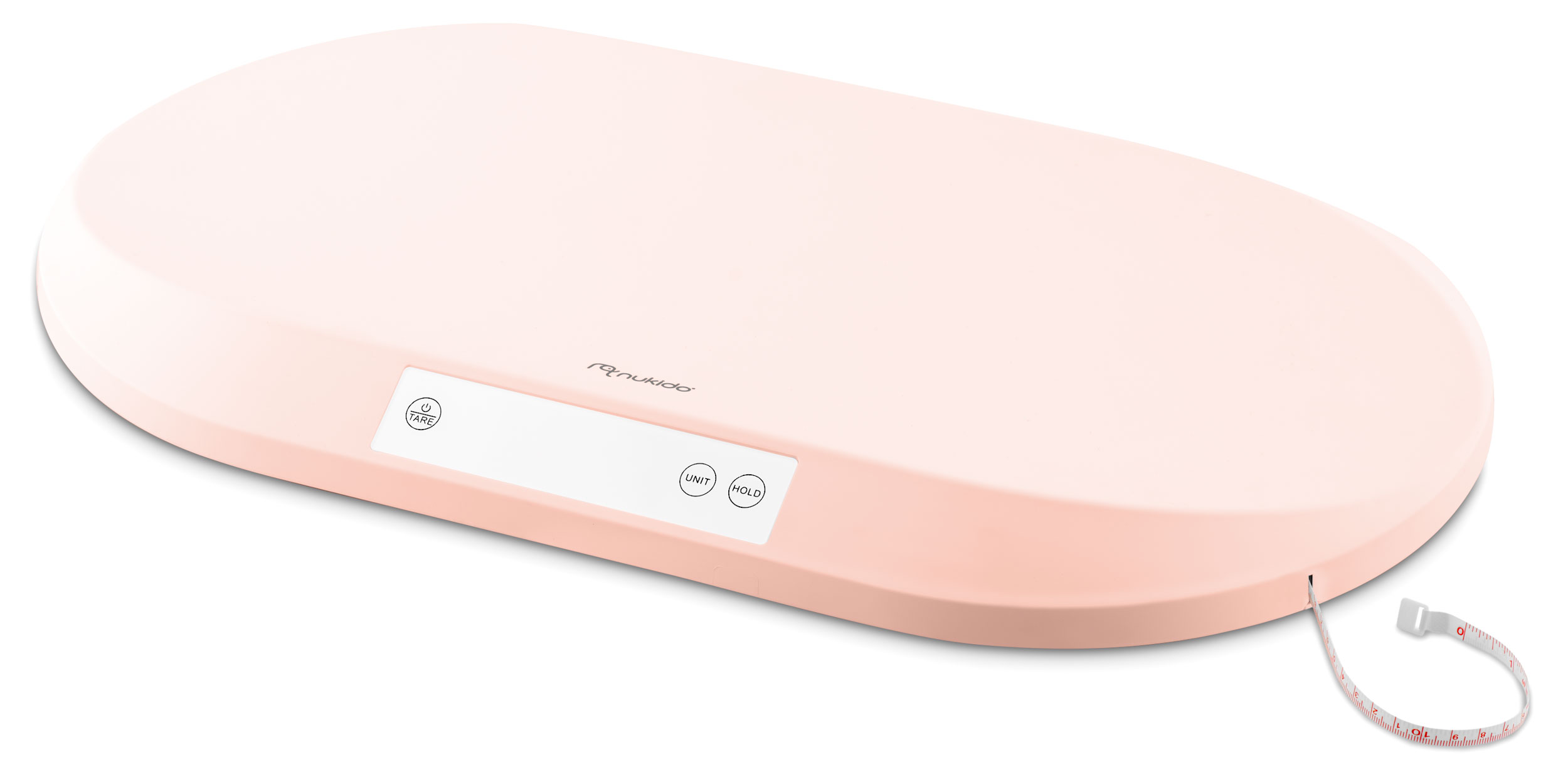 Różowa waga dla dziecka z wbudowaną miarką. Posiada przyciski do tarowania, jednostki i zatrzymania. Białe tło.