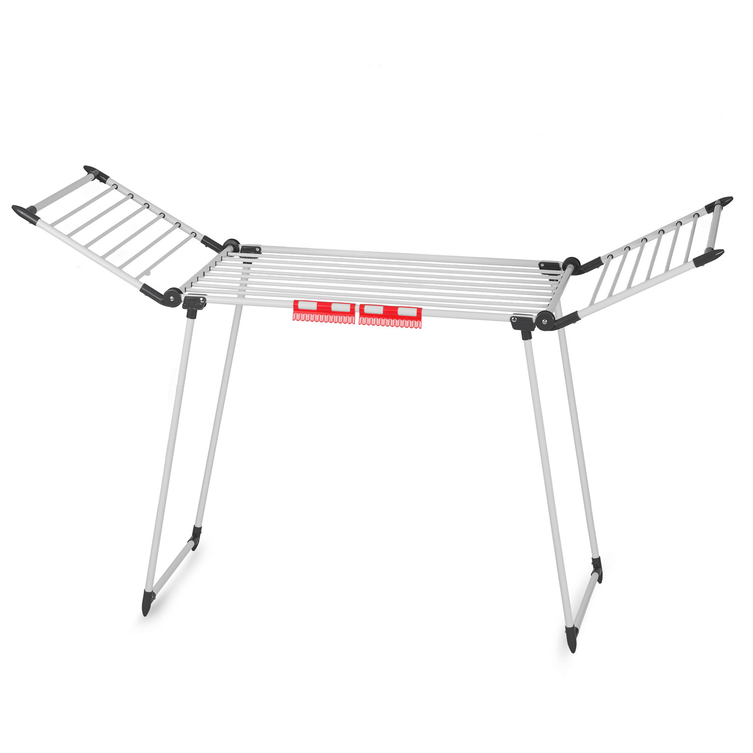 Biały metalowy wieszak na ubrania jest otwarty. Ma dwa boczne skrzydła, centralny obszar suszenia oraz czerwono-białe klipsy.