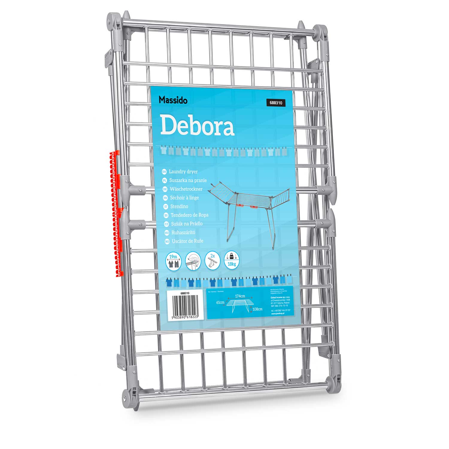 Srebrna metalowa suszarka do ubrań Debora z niebieską etykietą, szczegółami produktu i wymiarami.