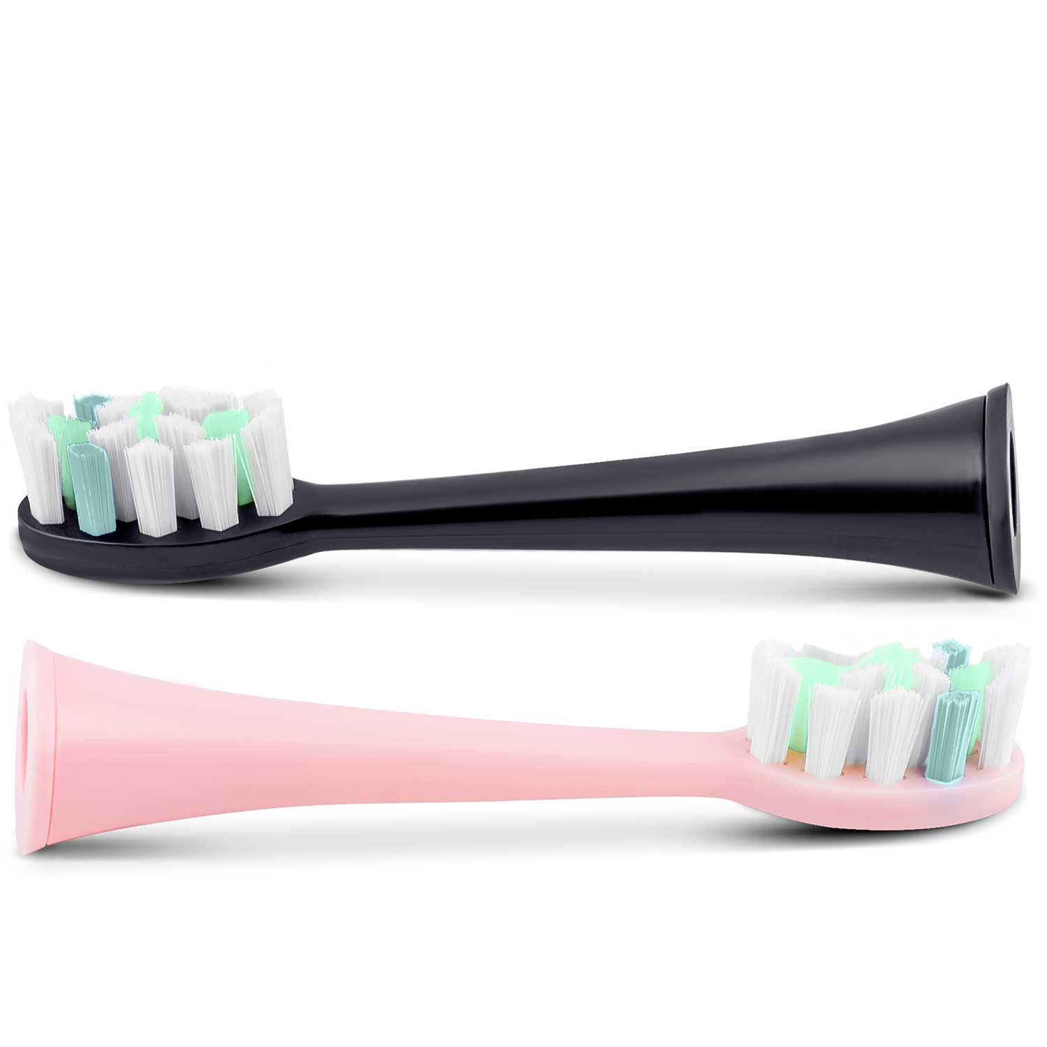 Dwie głowice szczoteczki do zębów. Jedna czarna, jedna różowa. Obie mają białe, zielone i niebieskie włosie. Białe tło.