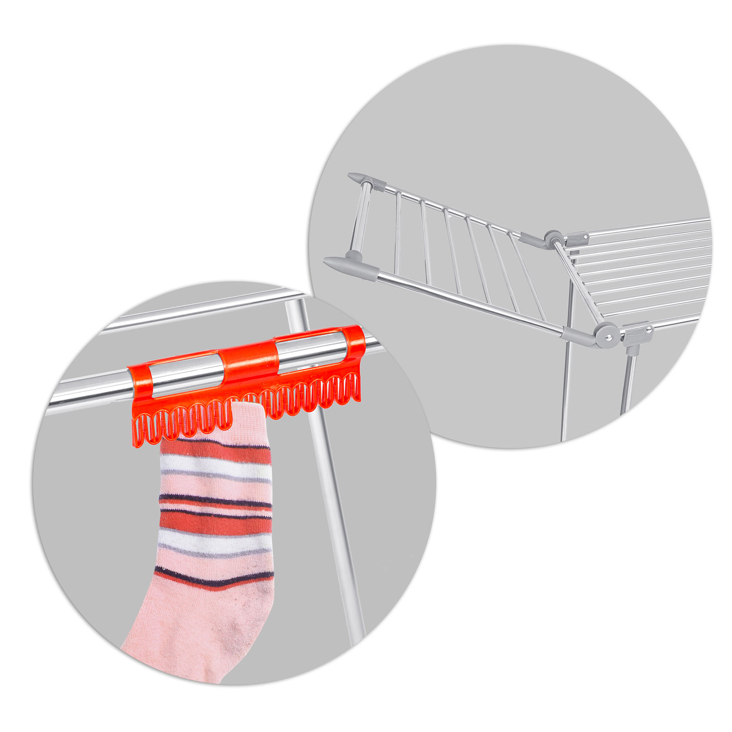 Suszarka z czerwonym klipsem trzymającym pasiastą skarpetę. Stojak jest metalowy, a tło szare i białe.