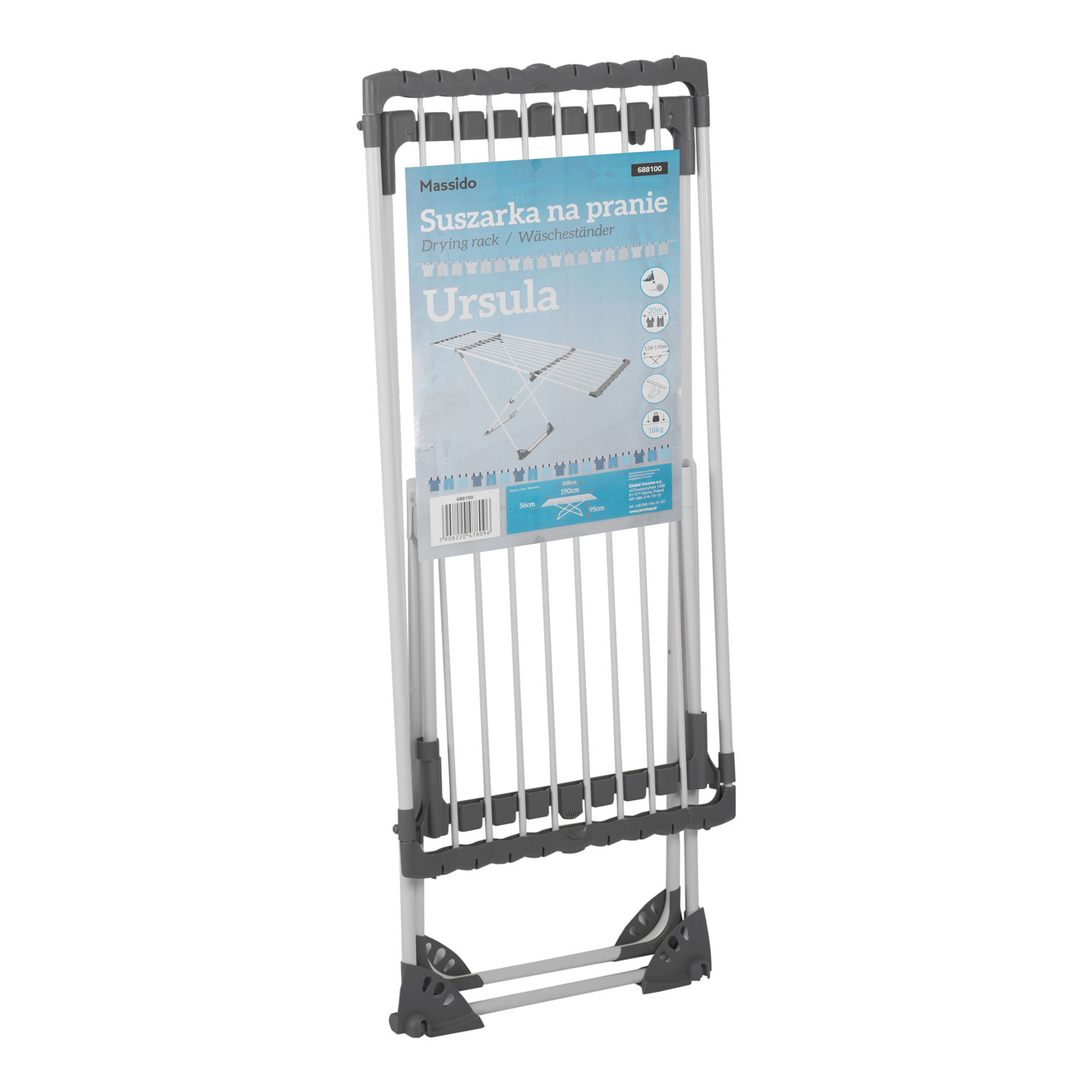 Składany szaro-biały stojak na pranie, marki 'Ursula' firmy Massido, na białym tle. Posiada wiele prętów do wieszania ubrań.