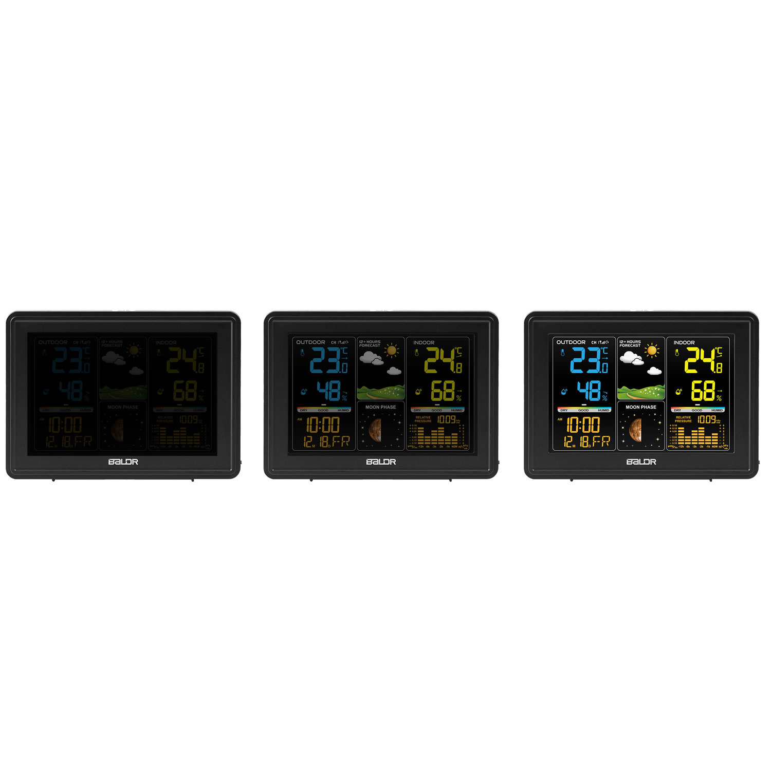 Trzy stacje pogodowe obok siebie pokazują temperatury zewnętrzne/wewnętrzne, wilgotność, prognozy pogody, fazy księżyca i godzinę.