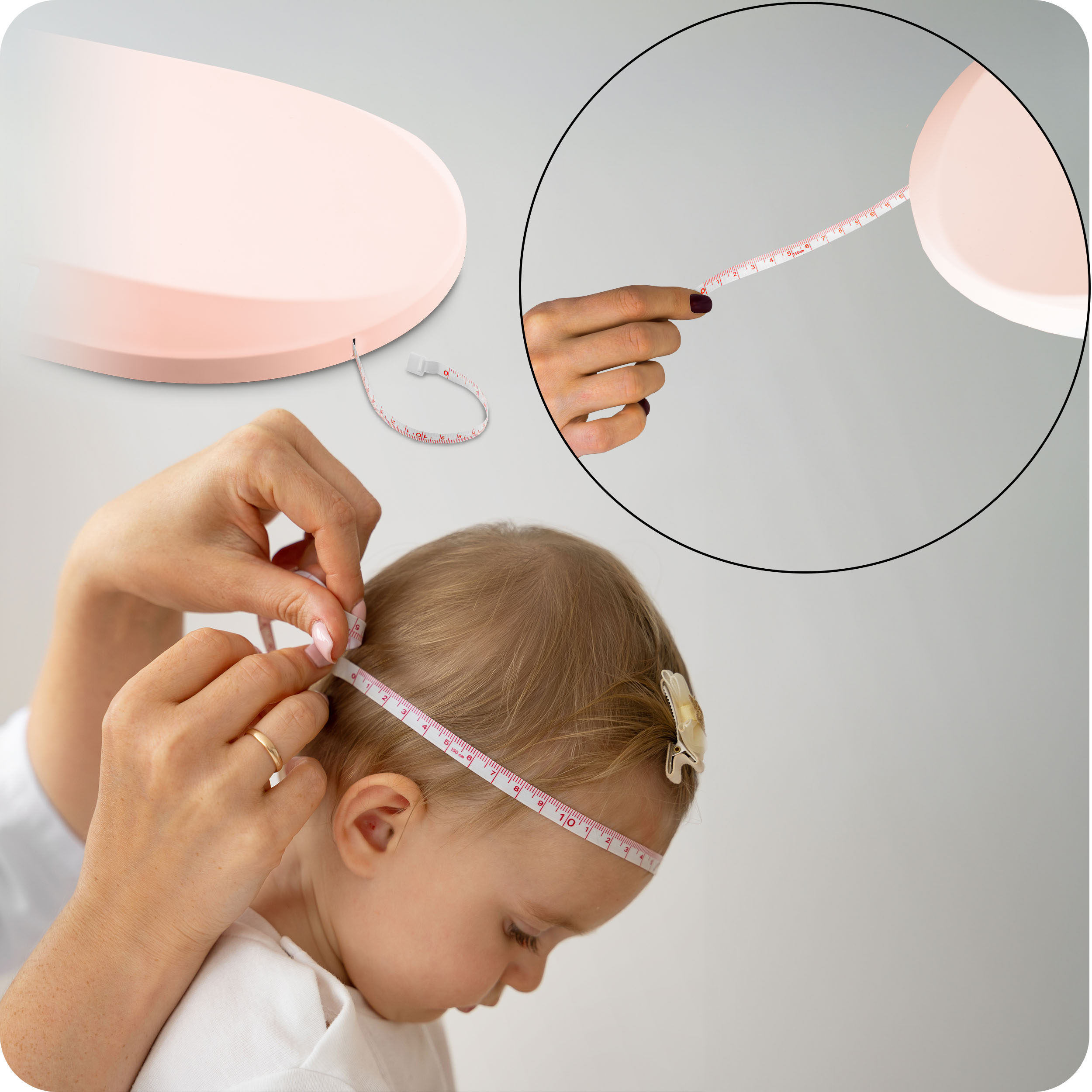 Głowa dziecka jest mierzona za pomocą taśmy mierniczej przez ręce osoby. Obraz jest również pokazany w okrągłym wycięciu.