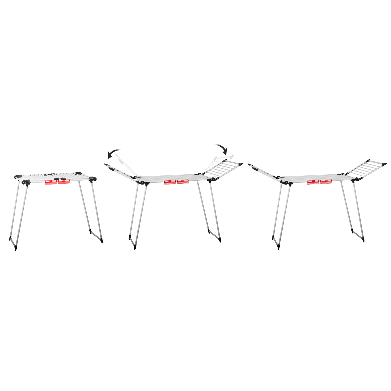 Suszarka do ubrań w trzech etapach otwierania. Strzałki pokazują proces rozkładania. Suszarka jest srebrna z czerwonymi akcentami.