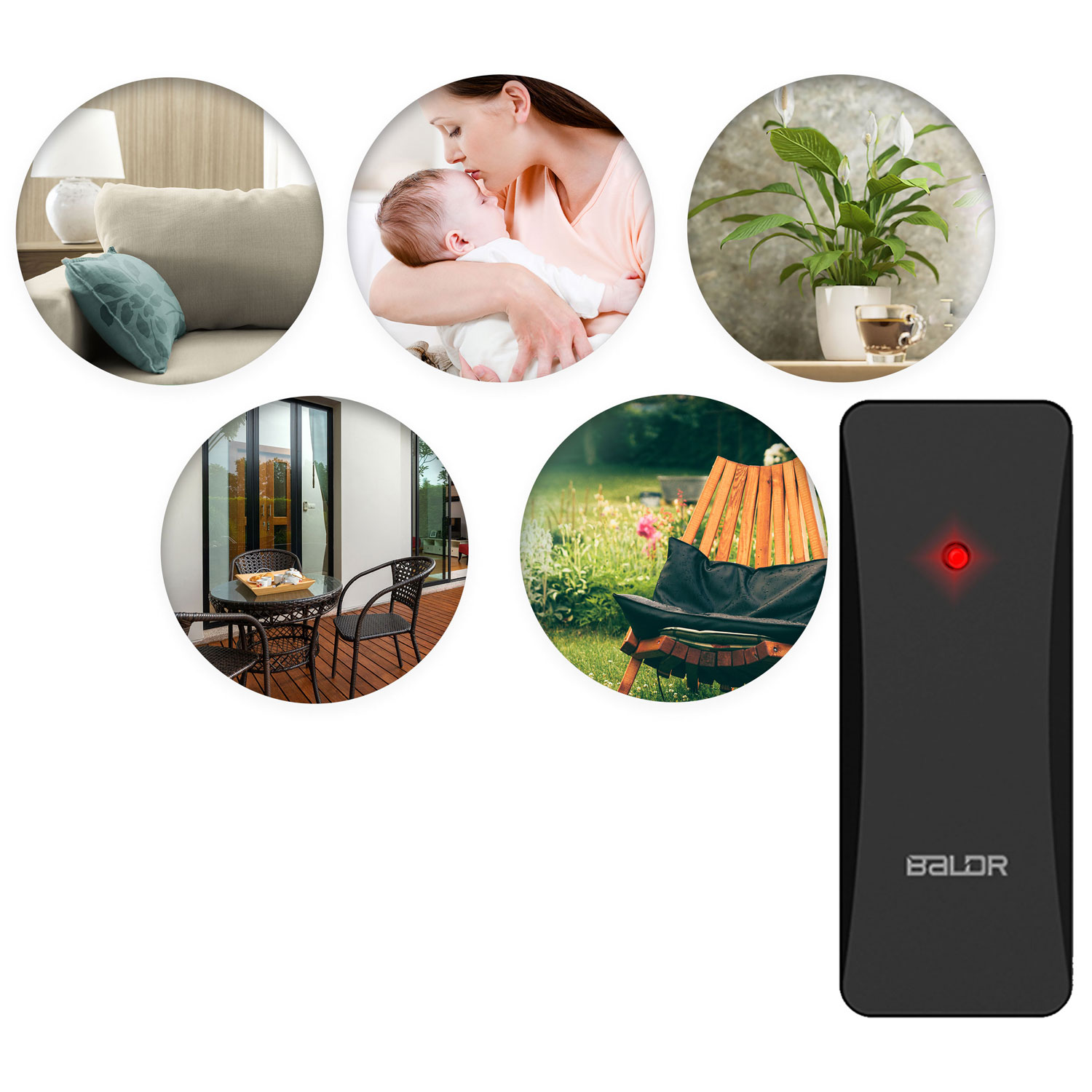 Obraz przedstawia urządzenie z czerwonym światłem, otoczone obrazami salonu, matki z dzieckiem, rośliny, zestawu patio i krzesła.