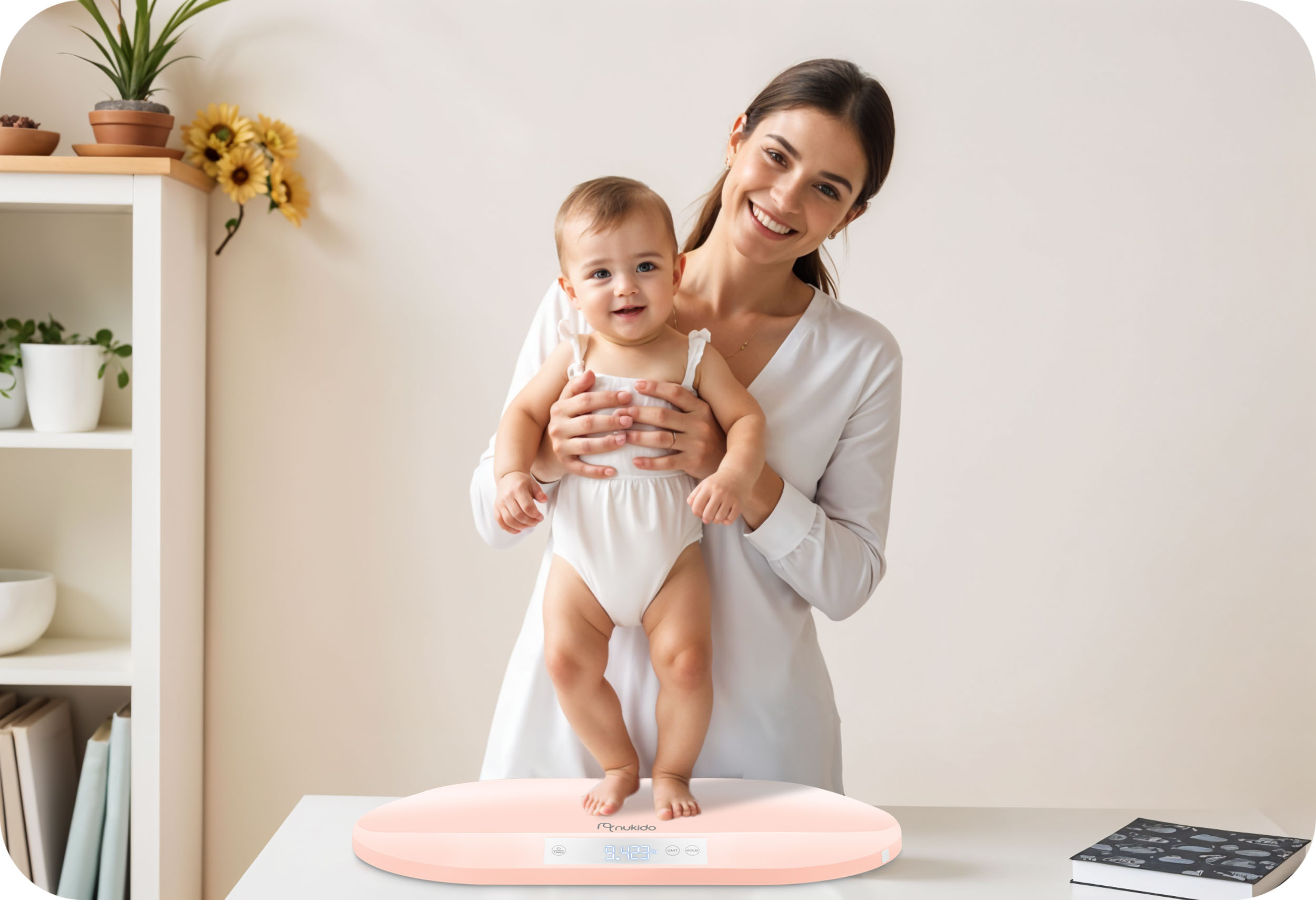 Kobieta trzyma dziecko stojące na wadze dla niemowląt. Kobieta się uśmiecha. W tle półka z roślinami.