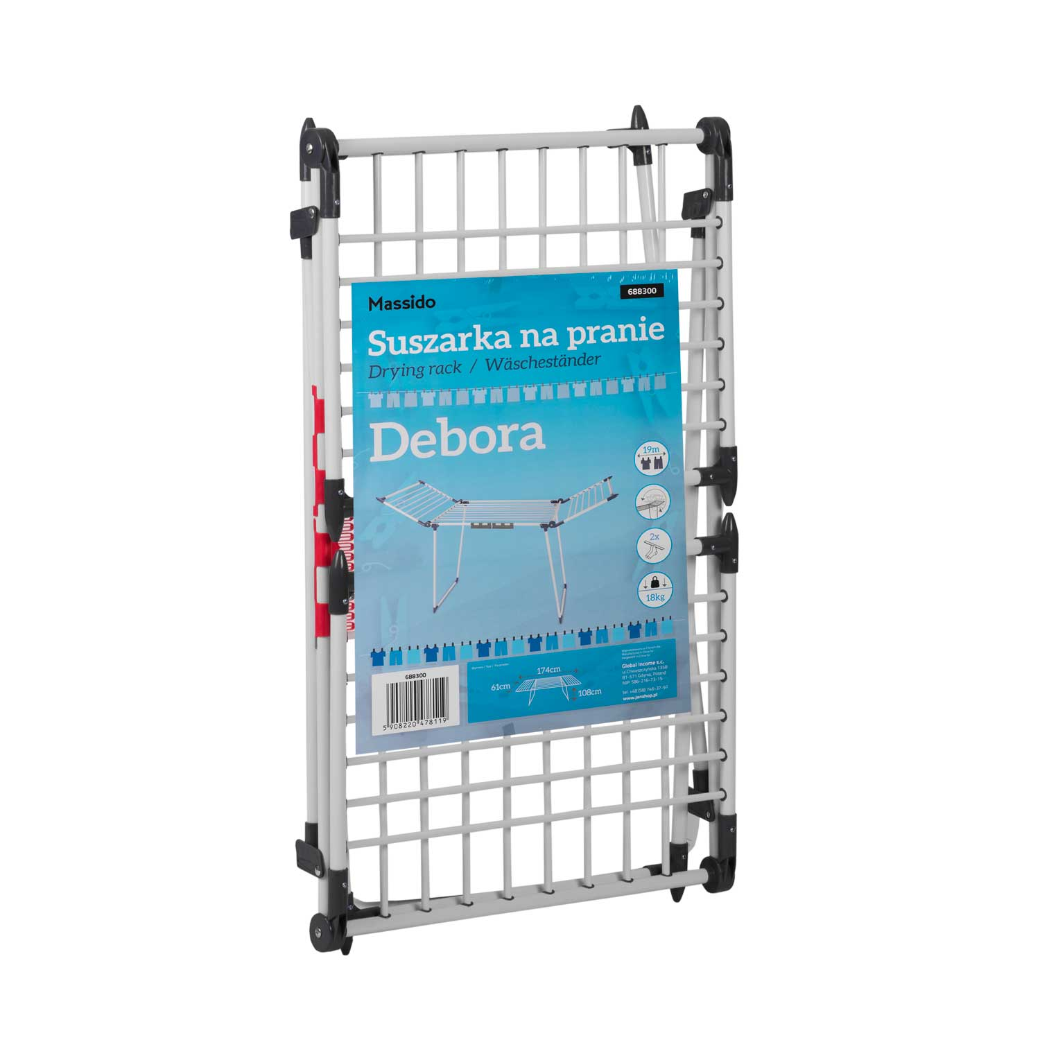 Biało-czarny, składany suszarka do prania z niebiesko-białą etykietą produktu. Etykieta zawiera napisy 'Debora' i 'Suszarka na pranie'.