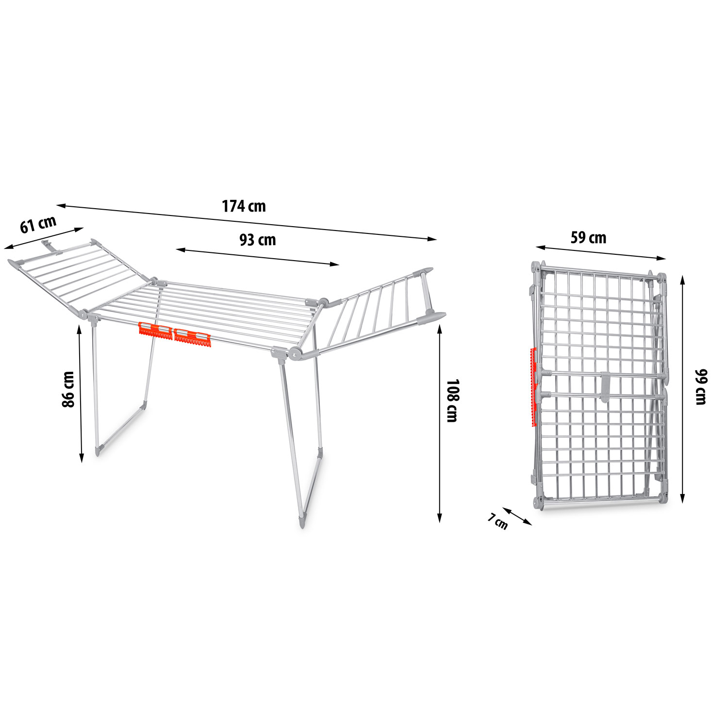 Pokazano złożony metalowy stojak do suszenia ubrań z wyświetlonymi wymiarami. Jest szary z czerwonymi plastikowymi klipsami i złożoną pionową częścią.