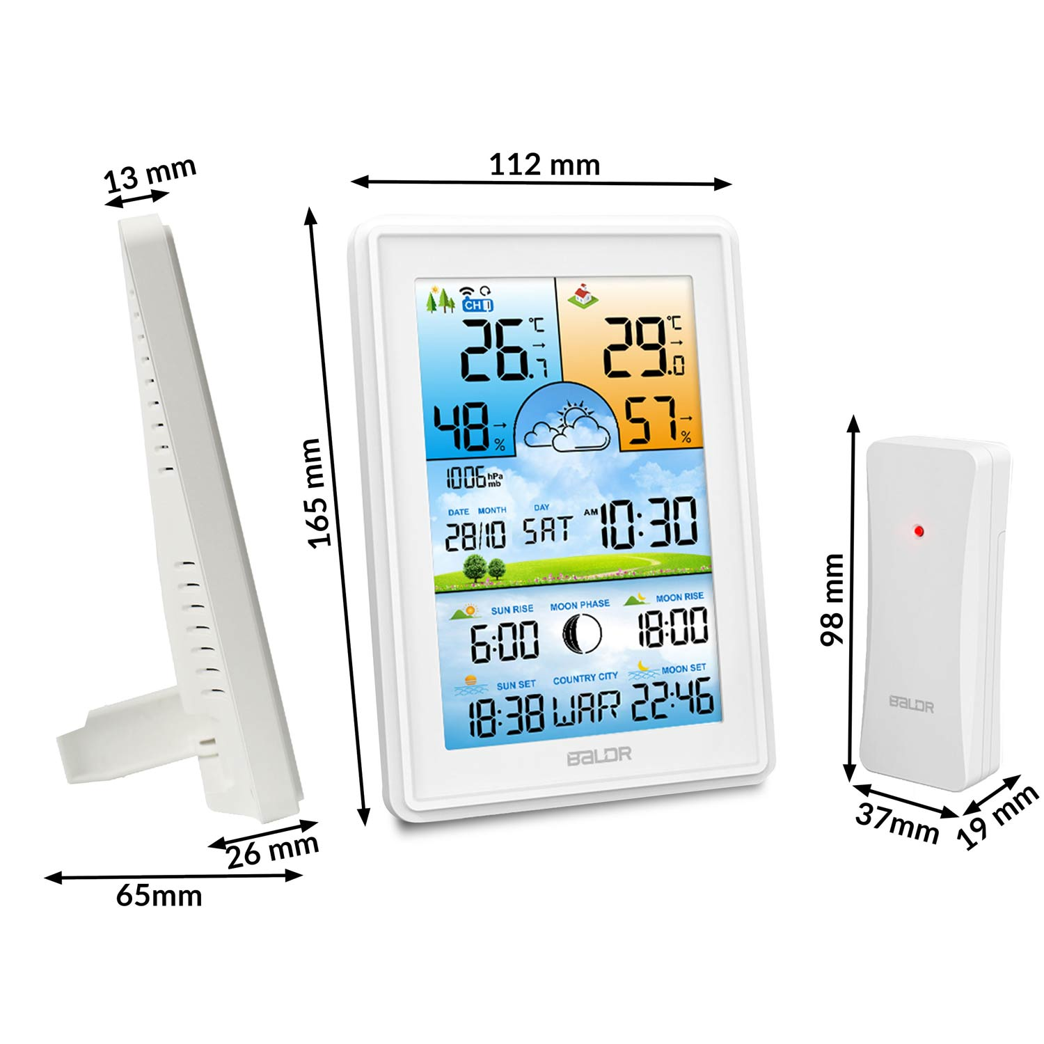 Biała stacja pogodowa i mały biały czujnik. Stacja wyświetla temperaturę, wilgotność, datę, czas i prognozy pogody.