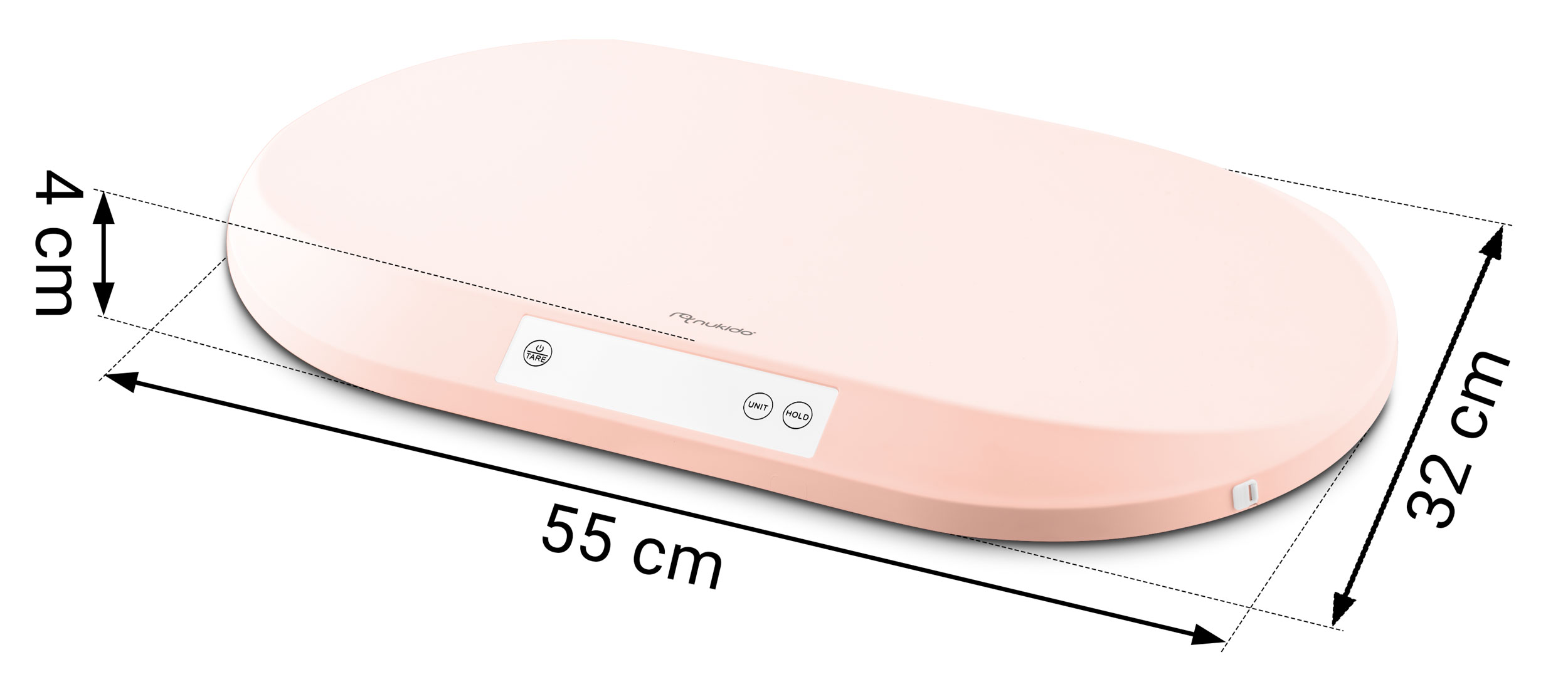 Różowa waga dla dziecka. Wymiary są oznaczone: 55 cm długości, 32 cm szerokości i 4 cm wysokości. Ma przyciski zerowania, jednostki i zatrzymania.