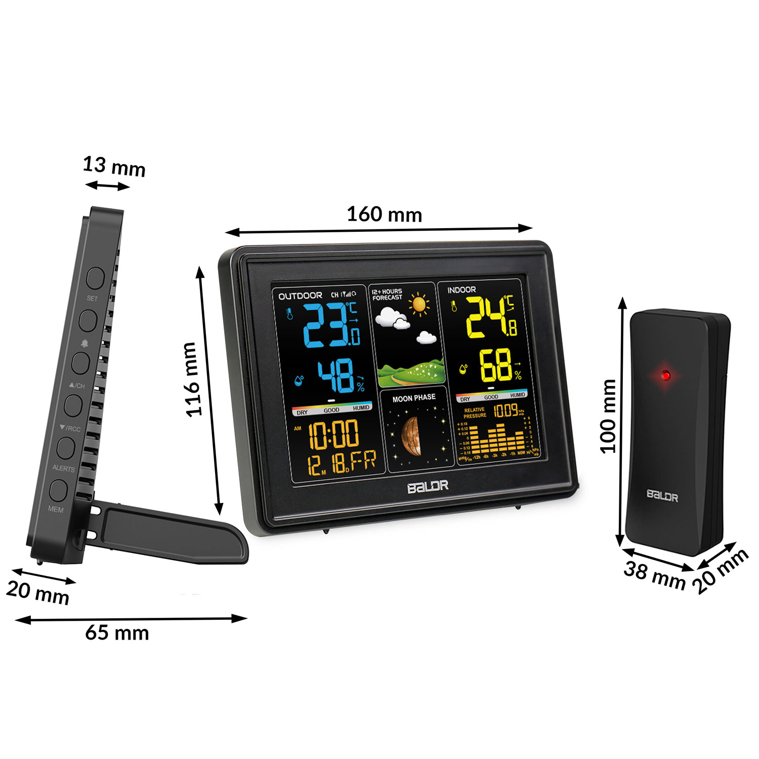 Czarna stacja pogodowa z pomiarami, oddzielnym czujnikiem i oznaczonymi wymiarami. Wyświetlacz pokazuje dane zewnętrzne i wewnętrzne.